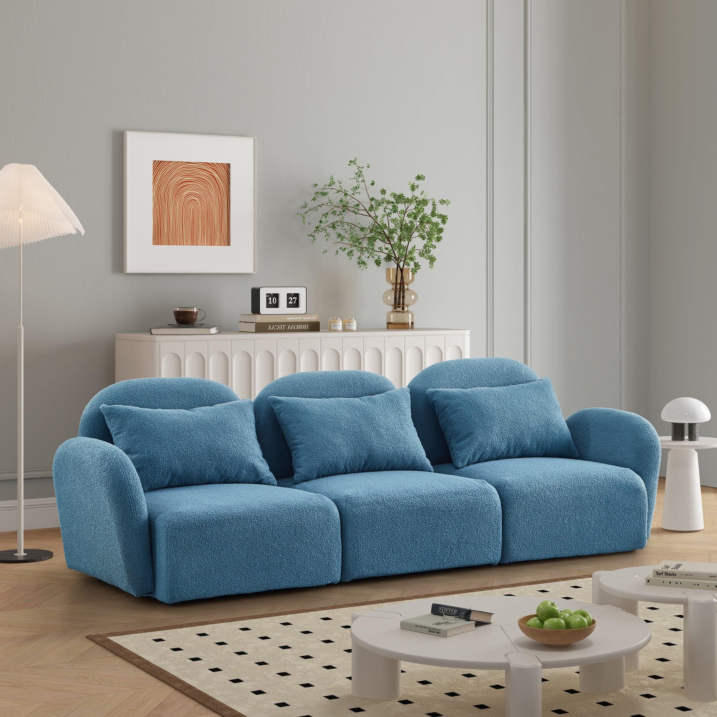 🆓🚛 Living Room Furniture Three Seat Lazy Sofa Teddy Fabric, Blue