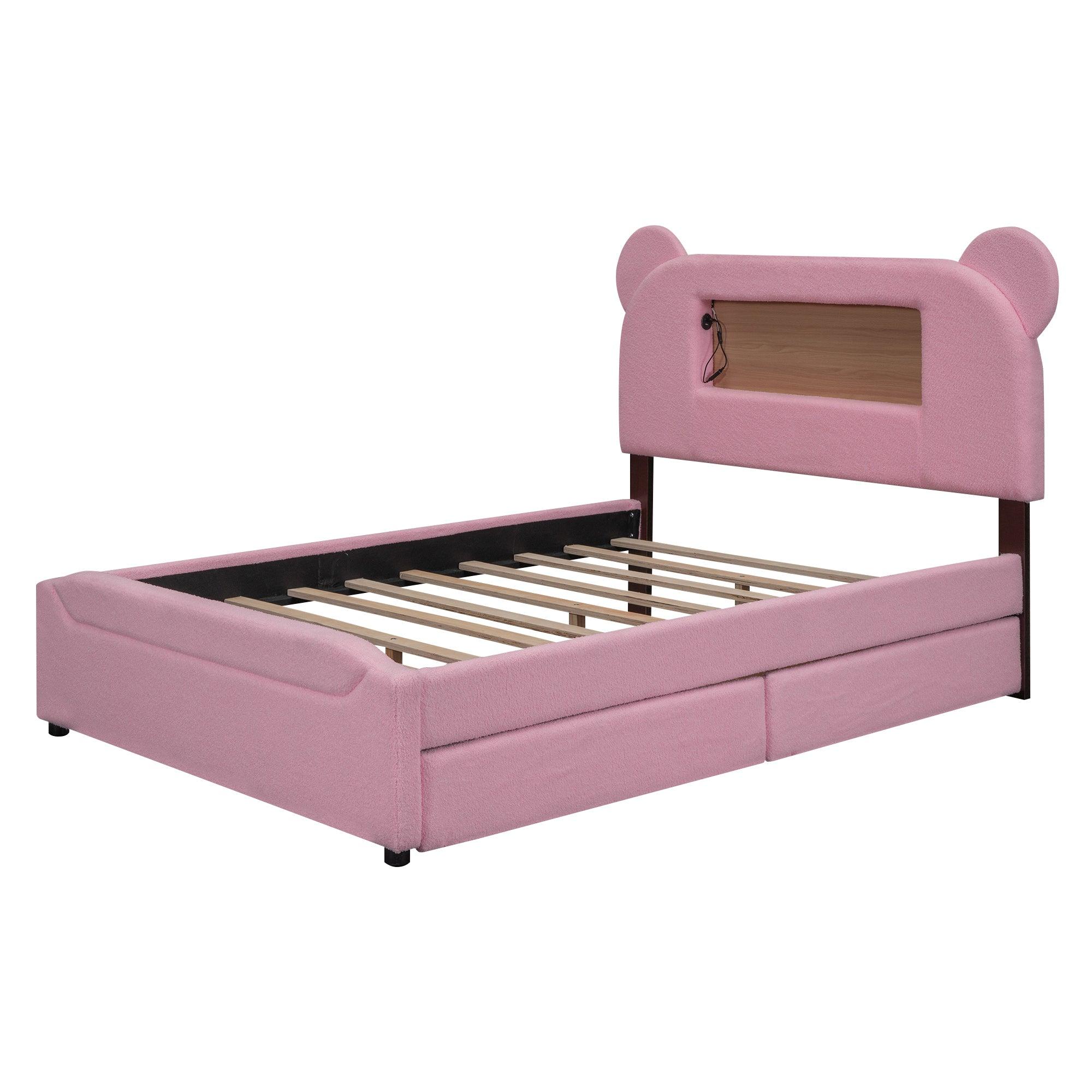 Full Size Upholstered Storage Platform Bed with Cartoon Ears Headboard, LED and USB, Pink