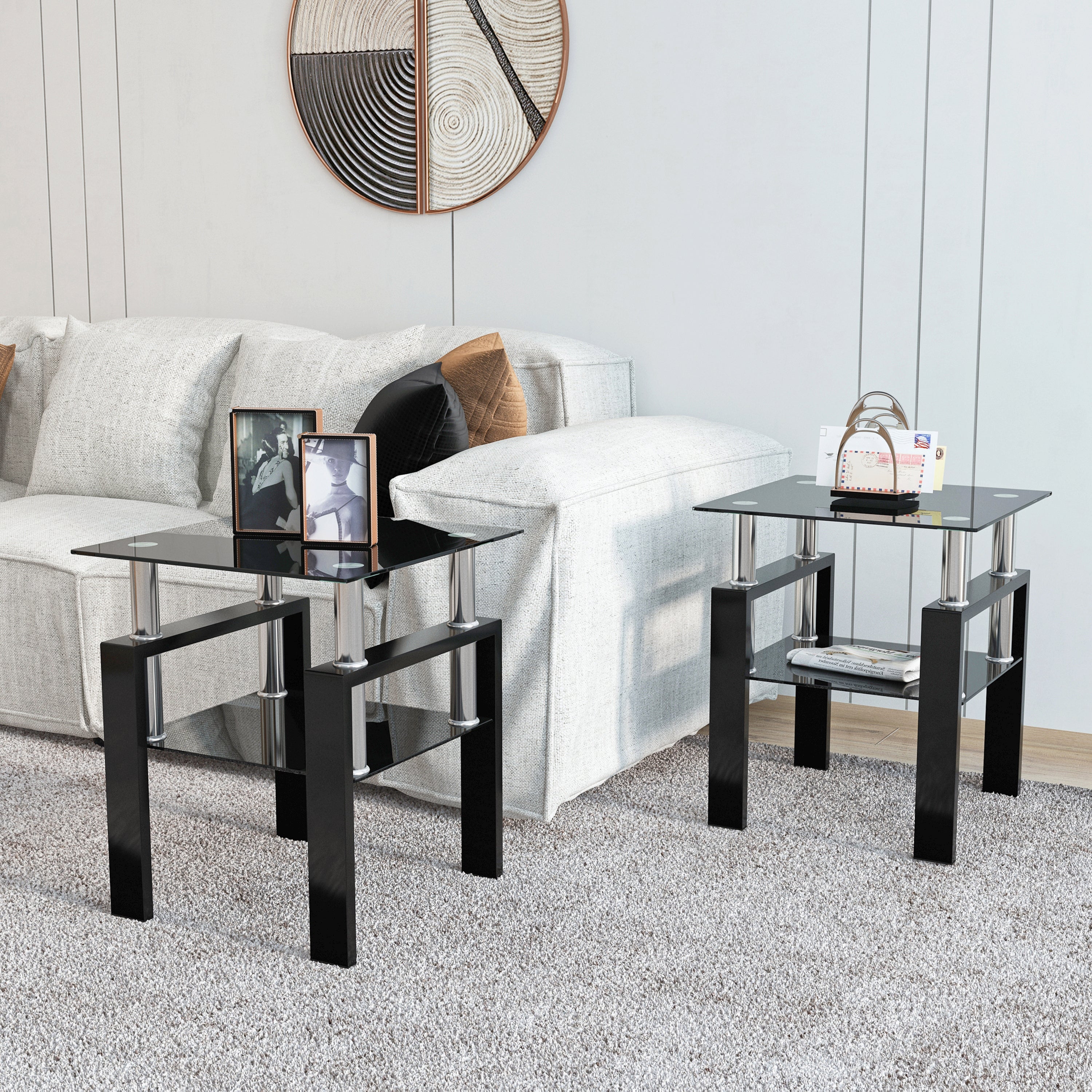 🆓🚛 Set of 2 Modern Tempered Glass Square End Table for Living Room, Black