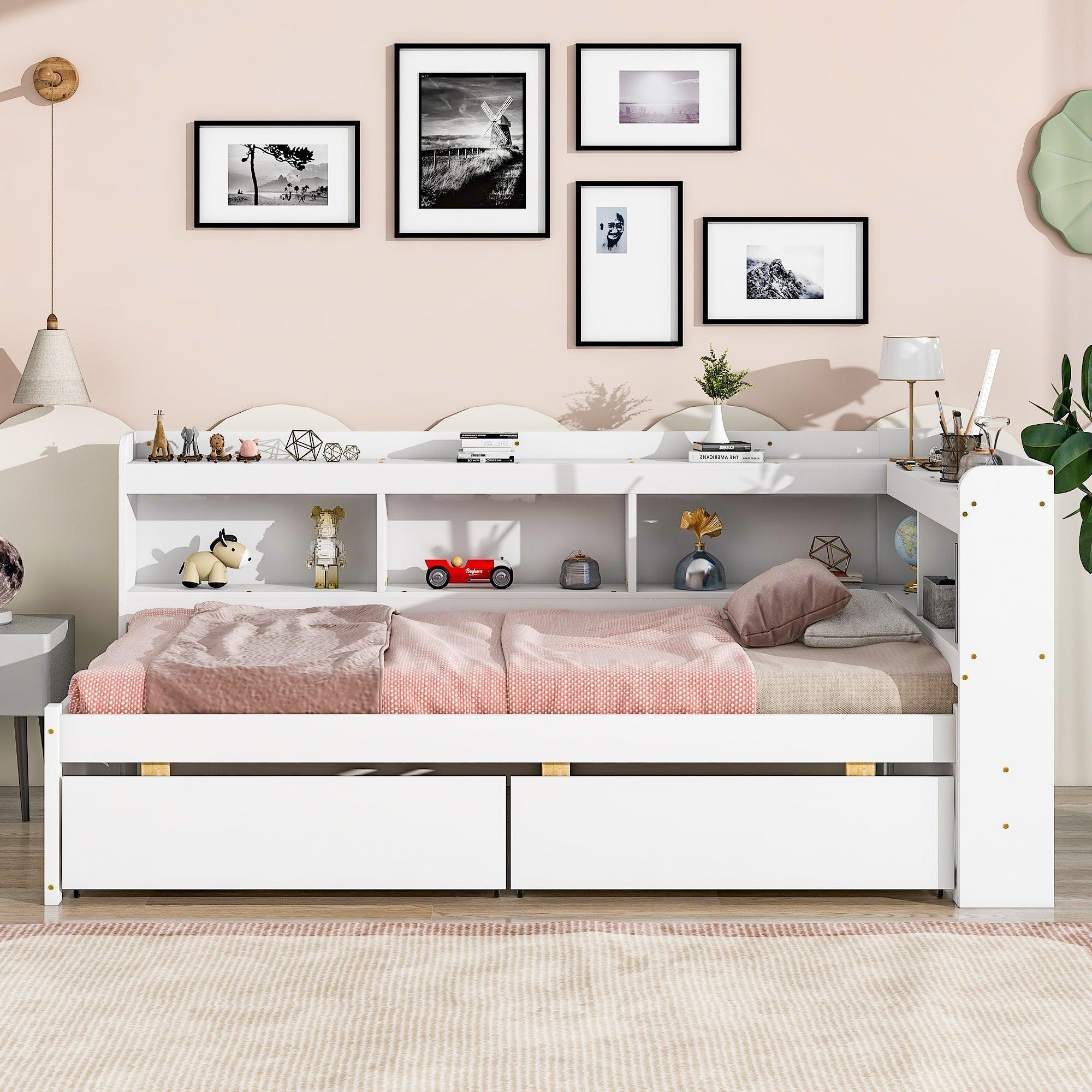 🆓🚛 Twin Bed With L-Shaped Bookcases, Drawers, White