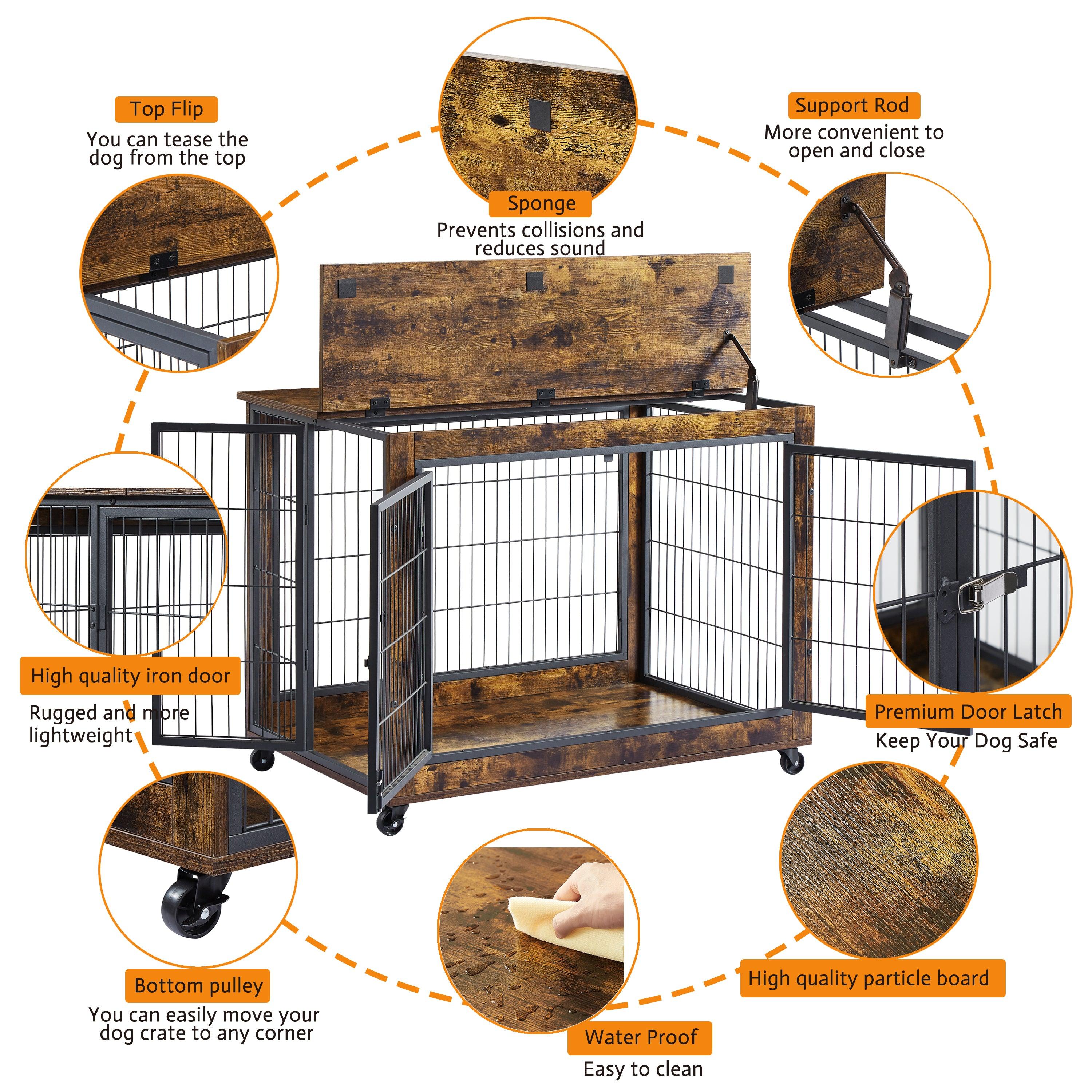 Furniture Dog Cage Crate With Double Doors, Rustic Brown, 38.58'' W X 25.2'' D X 27.17'' H