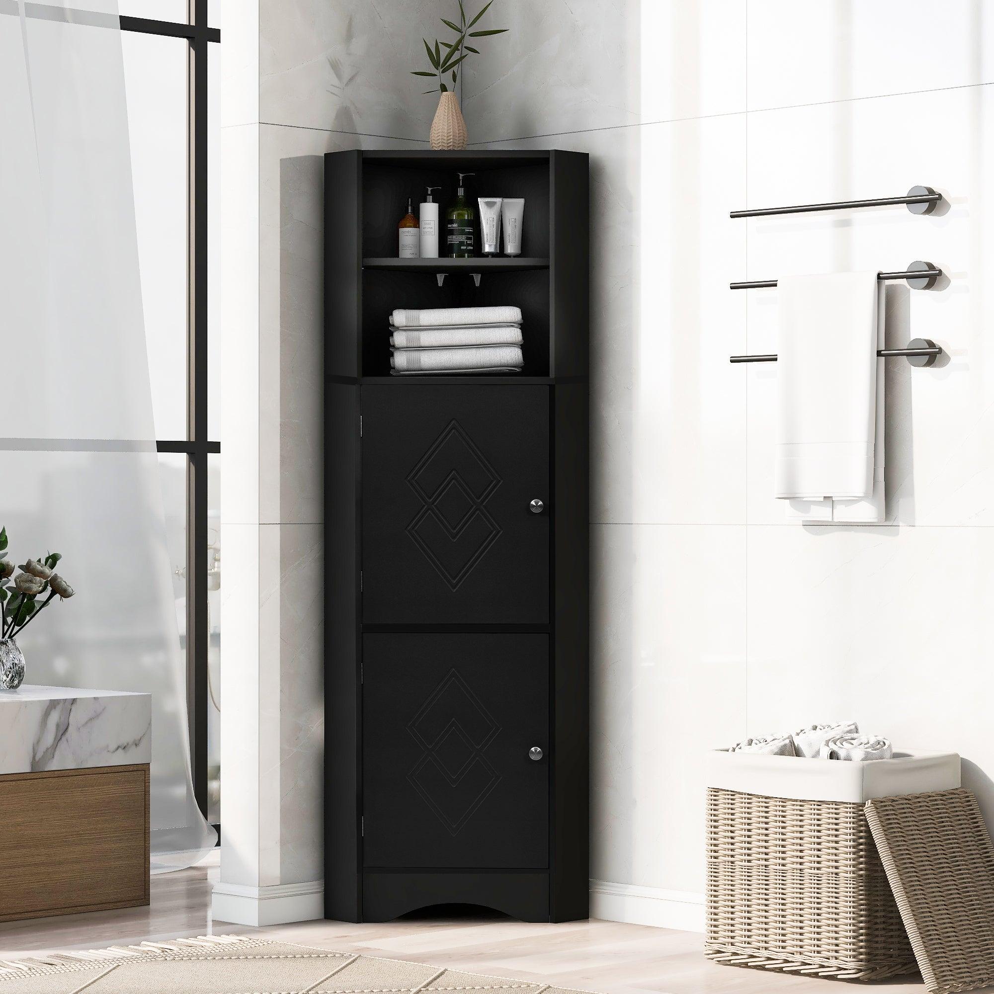 🆓🚛 Tall Bathroom Corner Cabinet, Freestanding Storage Cabinet With Doors & Adjustable Shelves, Black