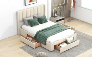 Full Size Upholstered Platform Bed with One Large Drawer in the Footboard and Drawer on Each Side, Beige