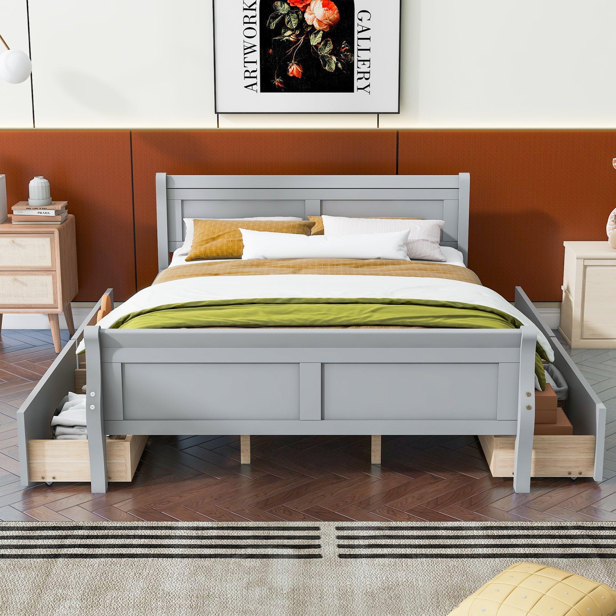 🆓🚛 Queen Size Wood Platform Bed With 4 Drawers & Streamlined Headboard & Footboard, Gray