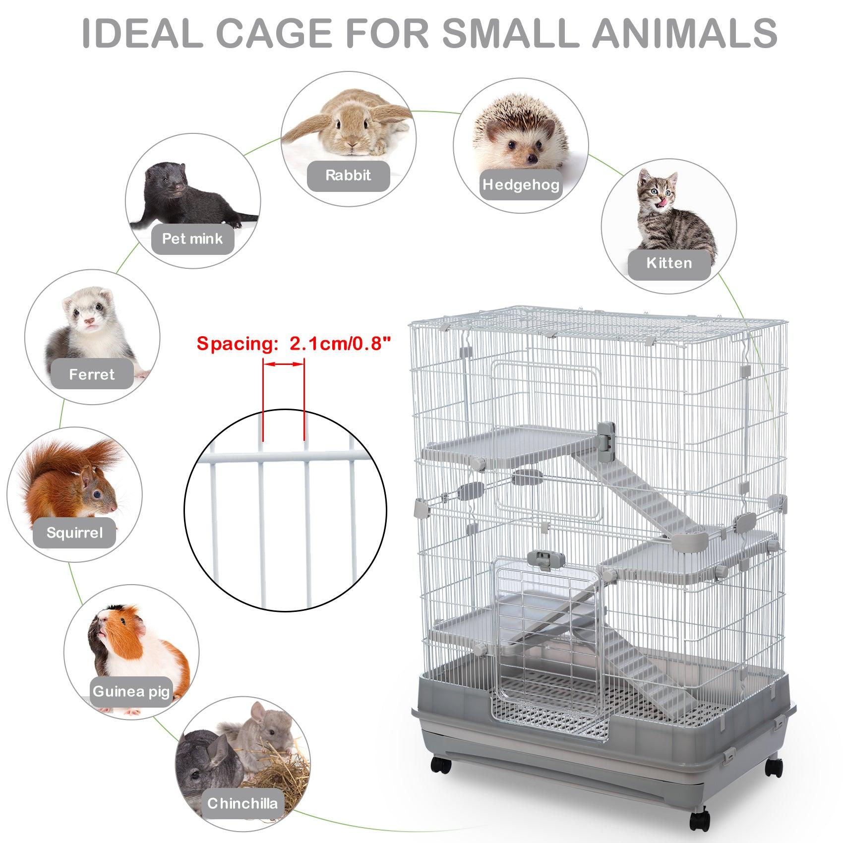 4-Tier 32" Small Animal Metal Cage Height Adjustable With Lockable Casters  Grilles Pull-Out Tray For Rabbit Chinchilla Ferret Bunny Guinea Pig Squirrel Hedgehog, GREY