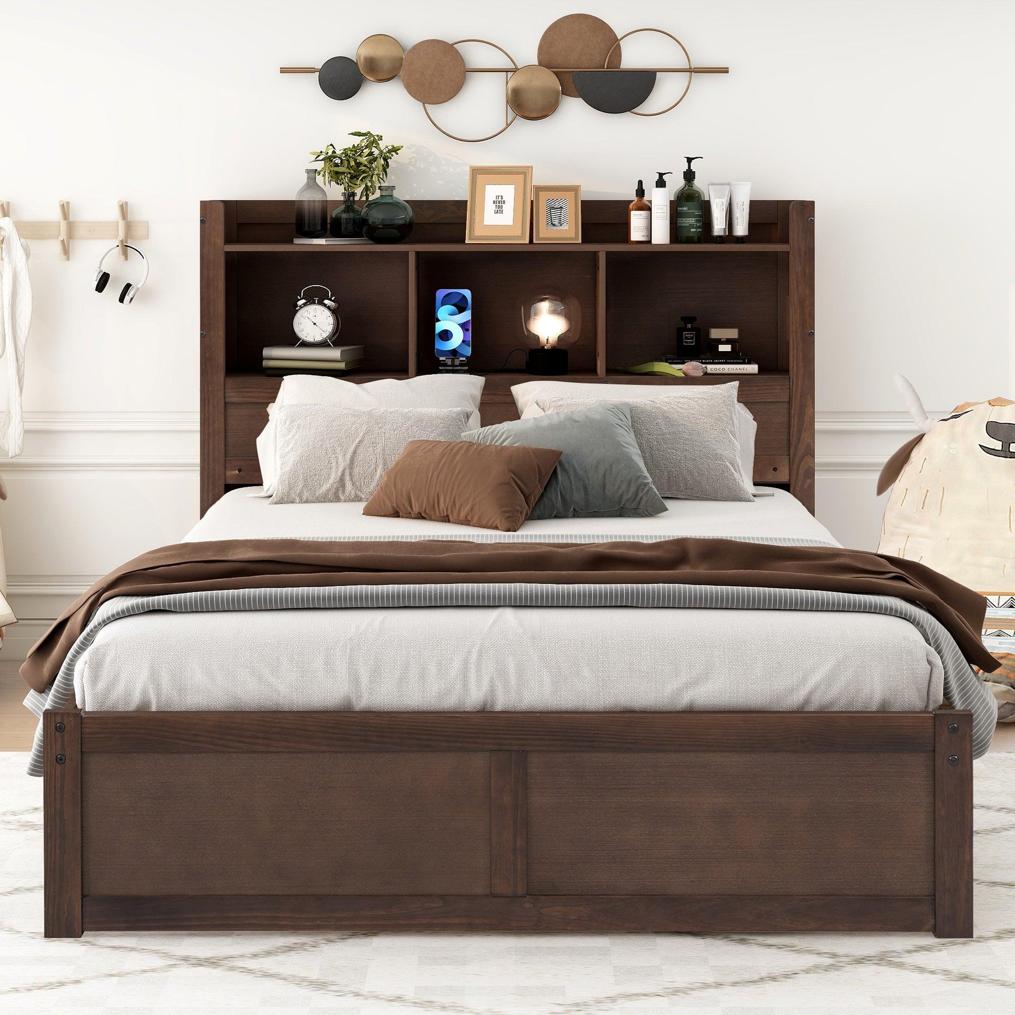 Full Size Storage Platform Bed with Pull Out Shelves, Twin Size Trundle and 2 Drawers, Espresso