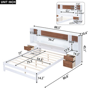 Full Size Platform Bed with Storage Headboard and Drawers, White