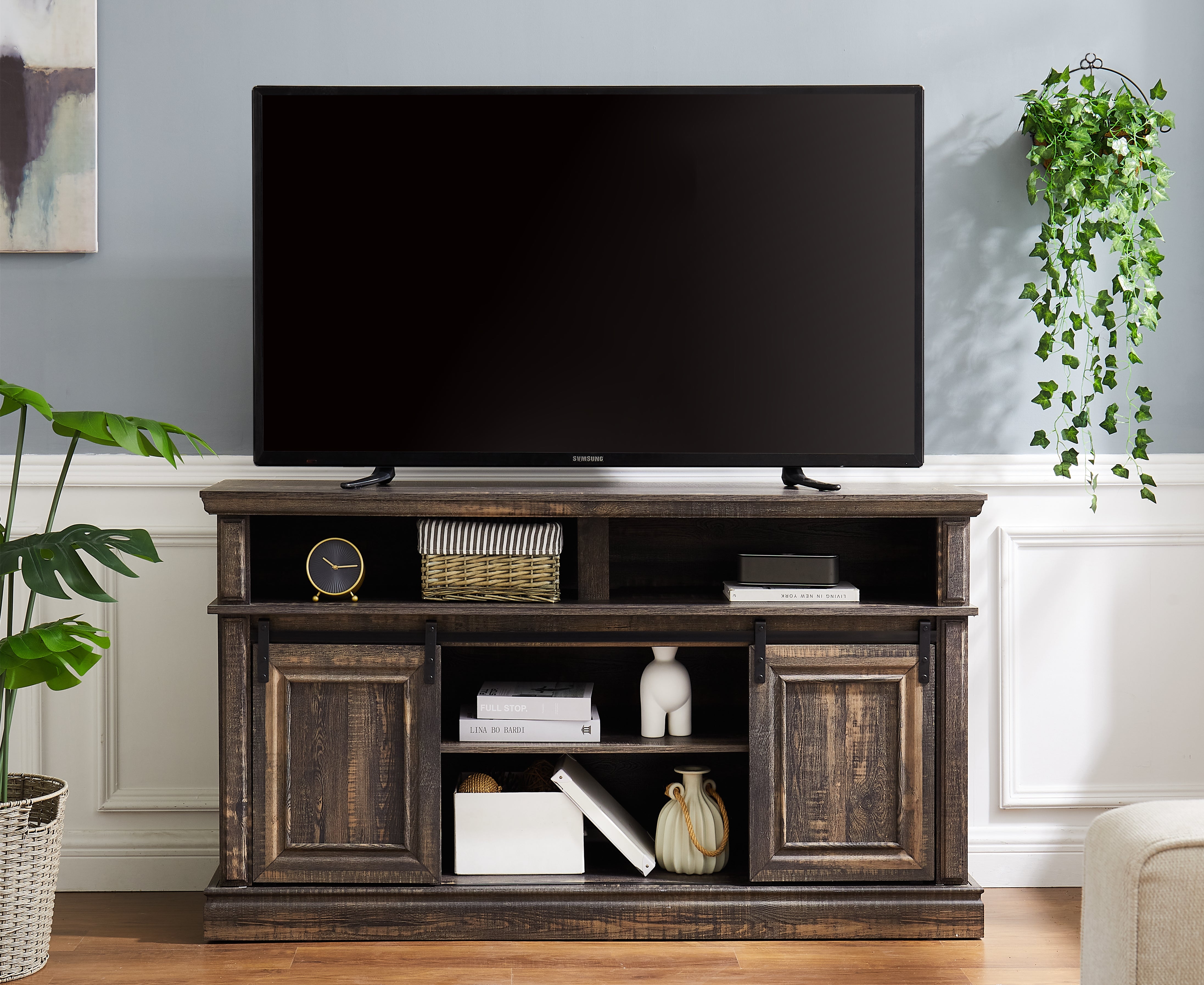 Media Console Table with Storage Cabinet, Mid Century style Entertainment TV Table, Multipurpose Sliding Door TV Cabinet  Large Storage Space, Antique brown