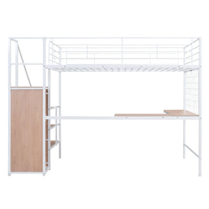 Full Size Metal Loft Bed with Desk and Metal Grid, Stylish Metal Frame Bed with Lateral Storage Ladder and Wardrobe, White