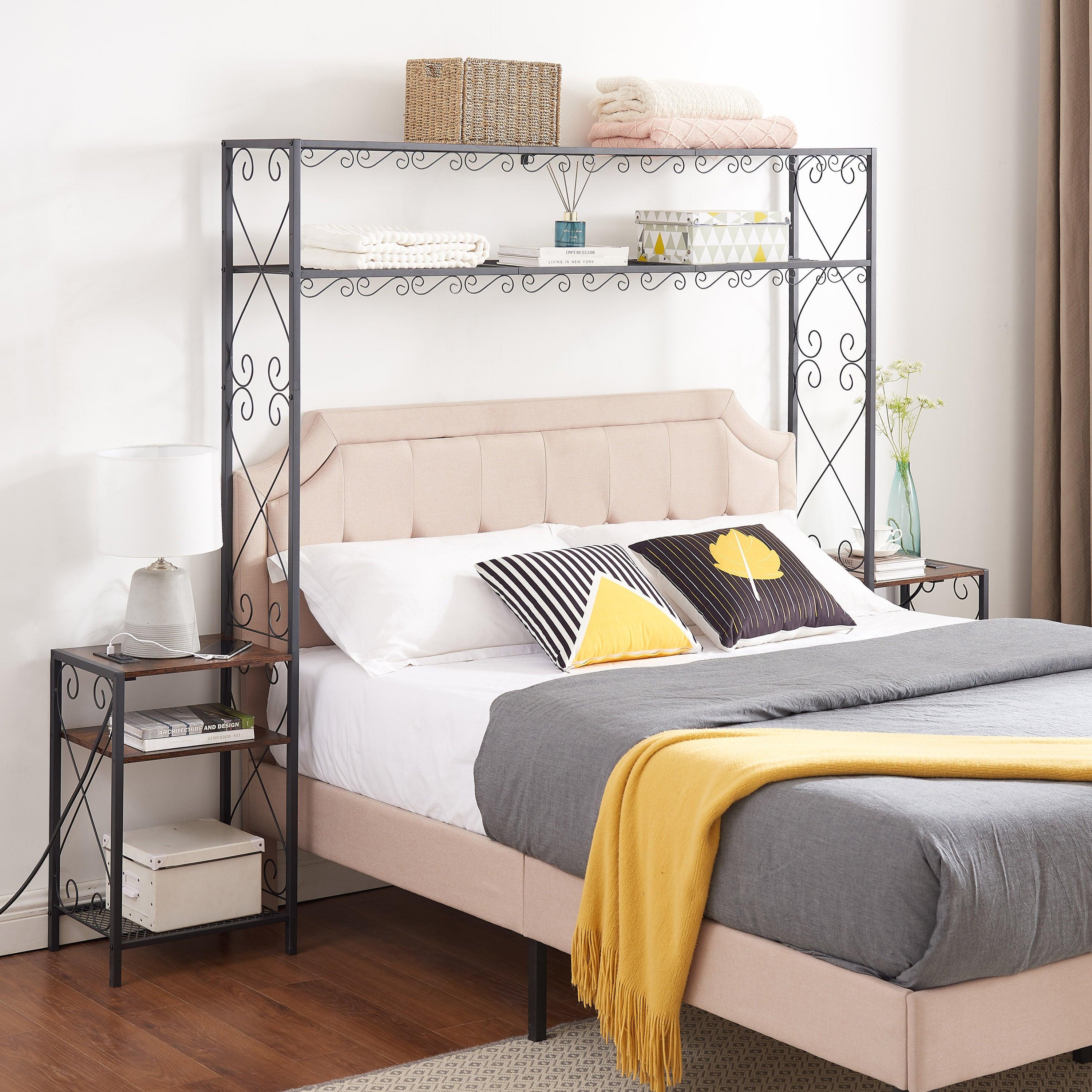 🆓🚛 Queen Bed Frame With 2 Nightstands Headboards With Storage Cabinet, Headboard With Shelves, Bookcase Headboard Queen Easy Assembly for Bedroom Iron & Wood Rustic Brown