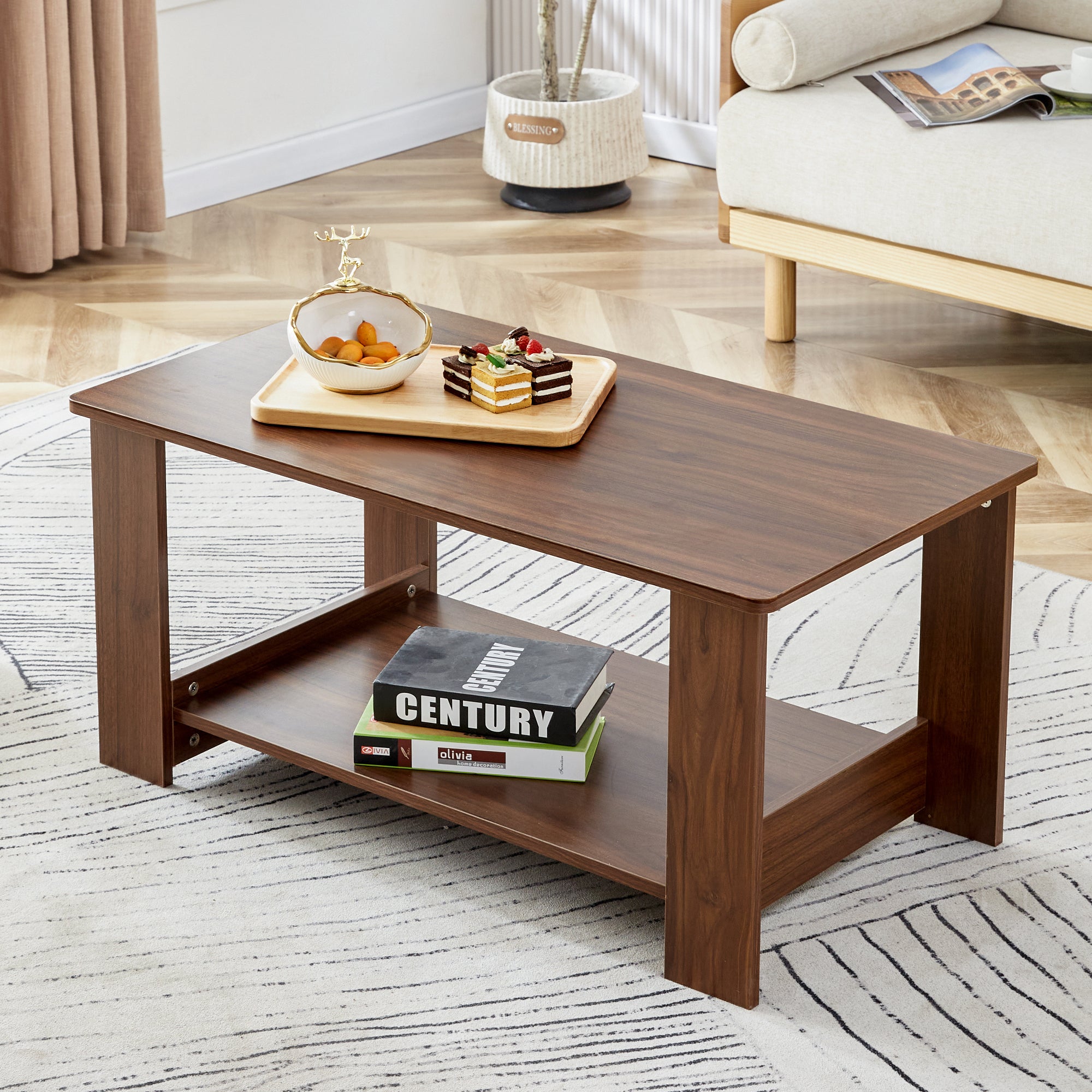 Modern Minimalist Walnut Colored Double Layered Rectangular Coffee Table, Tea Table.Mdf Material Is More Durable, Suitable for Living Room, Bedroom, and Study Room.19.6"*35.4"*16.5" Ct-16