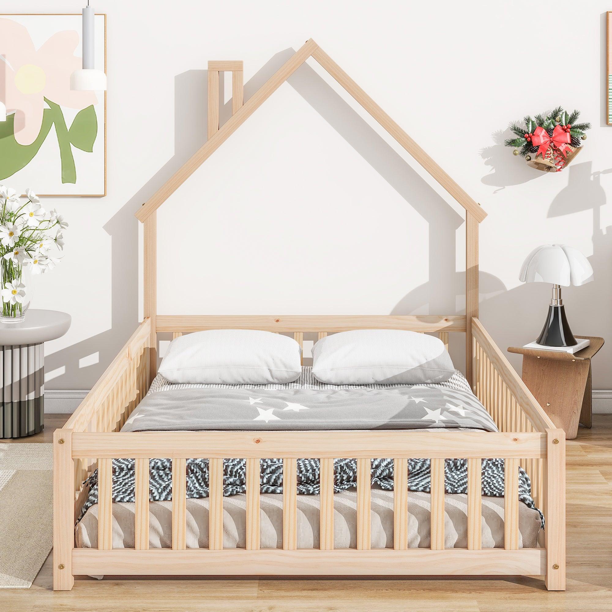 🆓🚛 Full House-Shaped Headboard Floor Bed With Fence, Natural