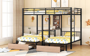 Full Over Twin & Twin Triple Bunk Bed with Drawers, Multi-functional Metal Frame Bed with desks and shelves in the middle, Black