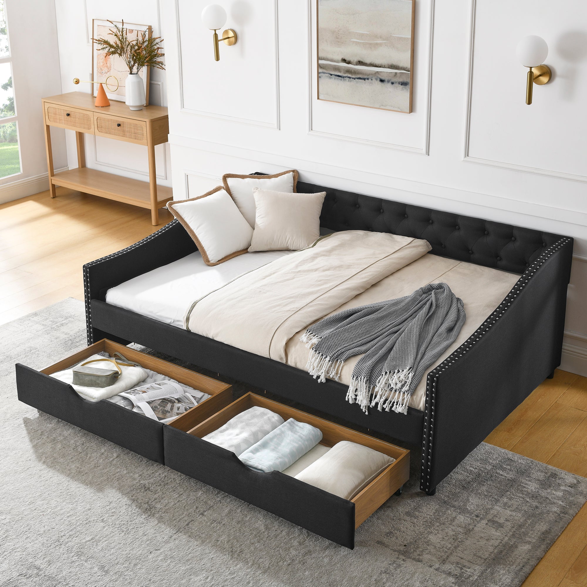 🆓🚛 Full Size Daybed With Drawers Upholstered Tufted Sofa Bed, With Button On Back and Copper Nail On Waved Shape Arms, Dark Gray