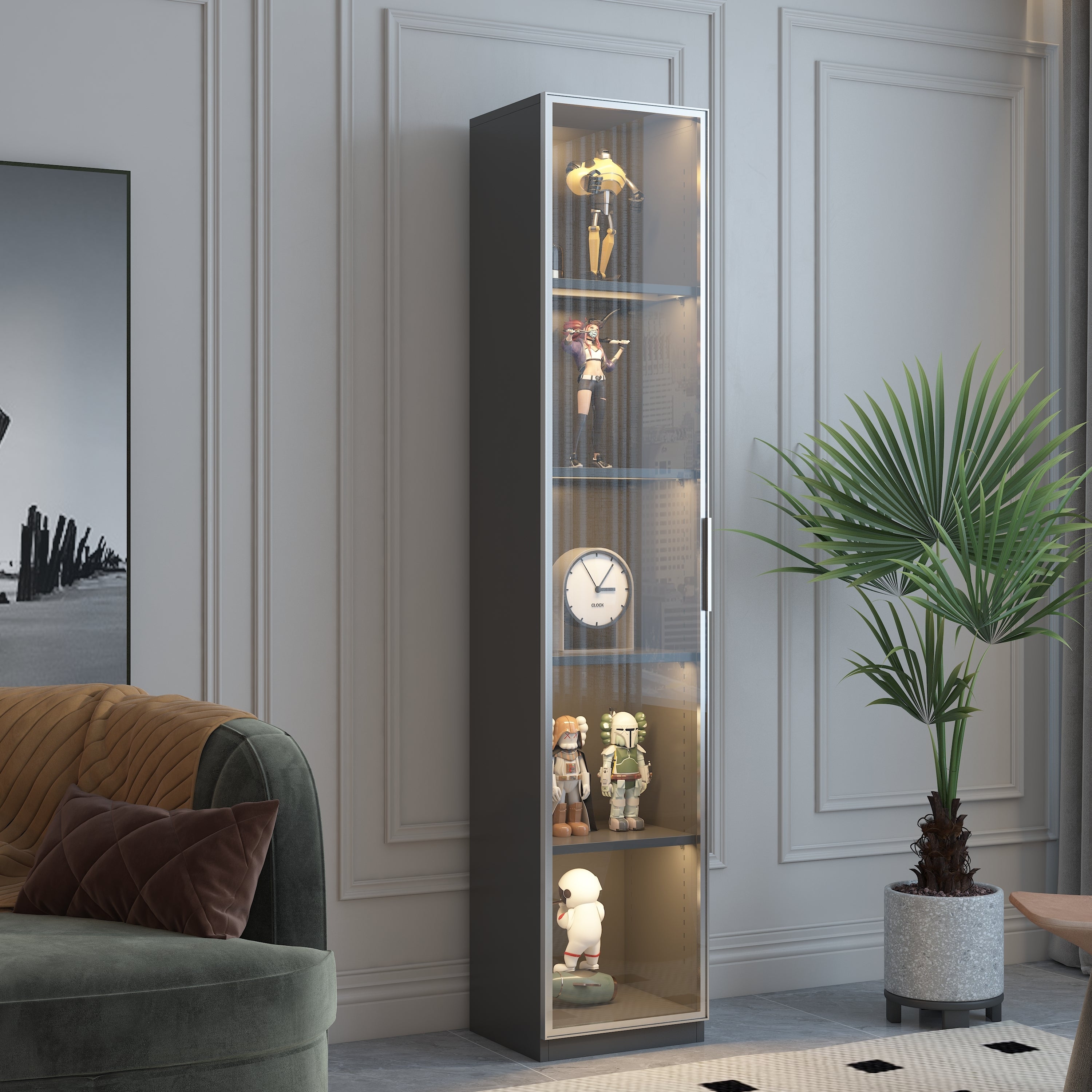 Single Glass Door Metal Storage Cabinet for Storing Photo Frames, Models, Handicrafts Display Cabinets With Removable Dividers and Led Light Strips, Suitable for Living Room, Study, and Other Places.