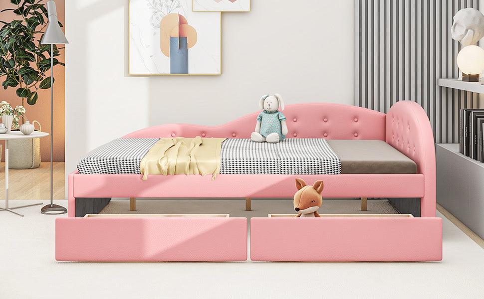 Full Size PU Upholstered Tufted Daybed with Two Drawers and Cloud Shaped Guardrail, Pink