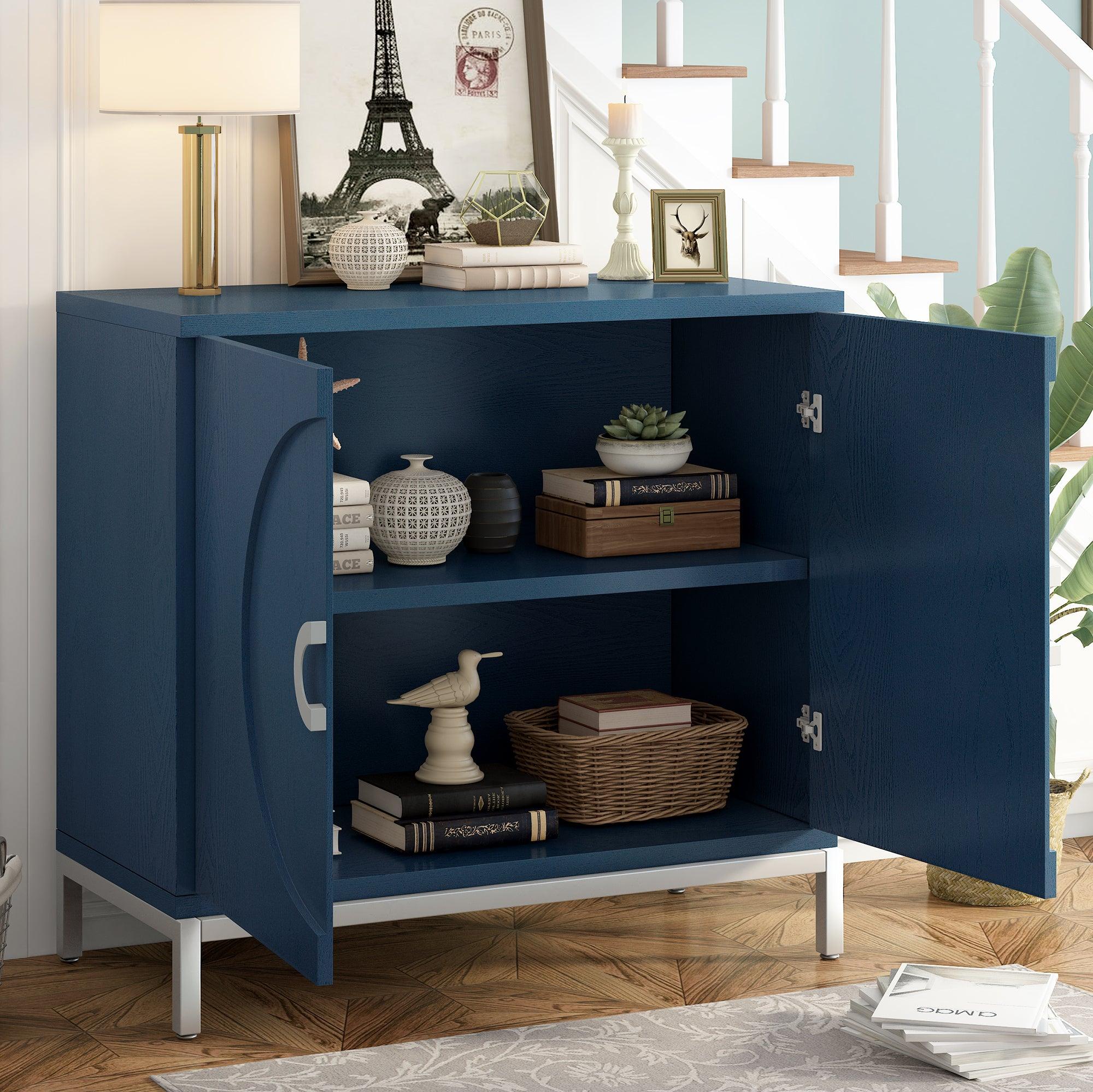 🆓🚛 Simple Storage Cabinet Accent Cabinet With Solid Wood Veneer & Metal Leg Frame for Living Room, Entryway, Dining Room (Navy)