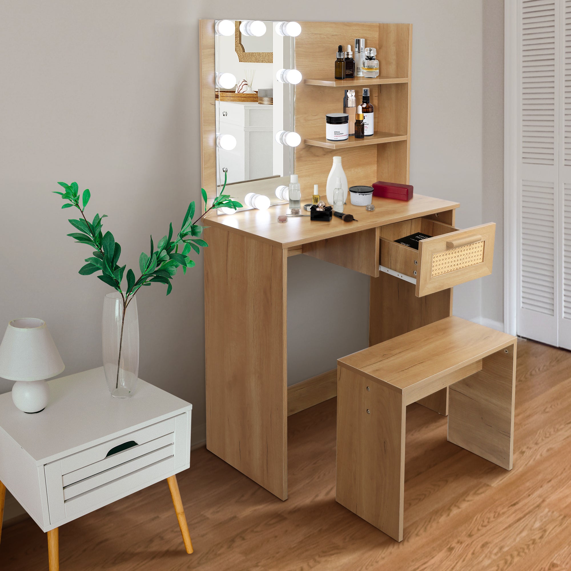 Vanity Desk Set Stool & Dressing Table With Led Lighting Mirror Drawer and Compartments Modern Wood Cosmetic Table Chest of Drawers Nature Color