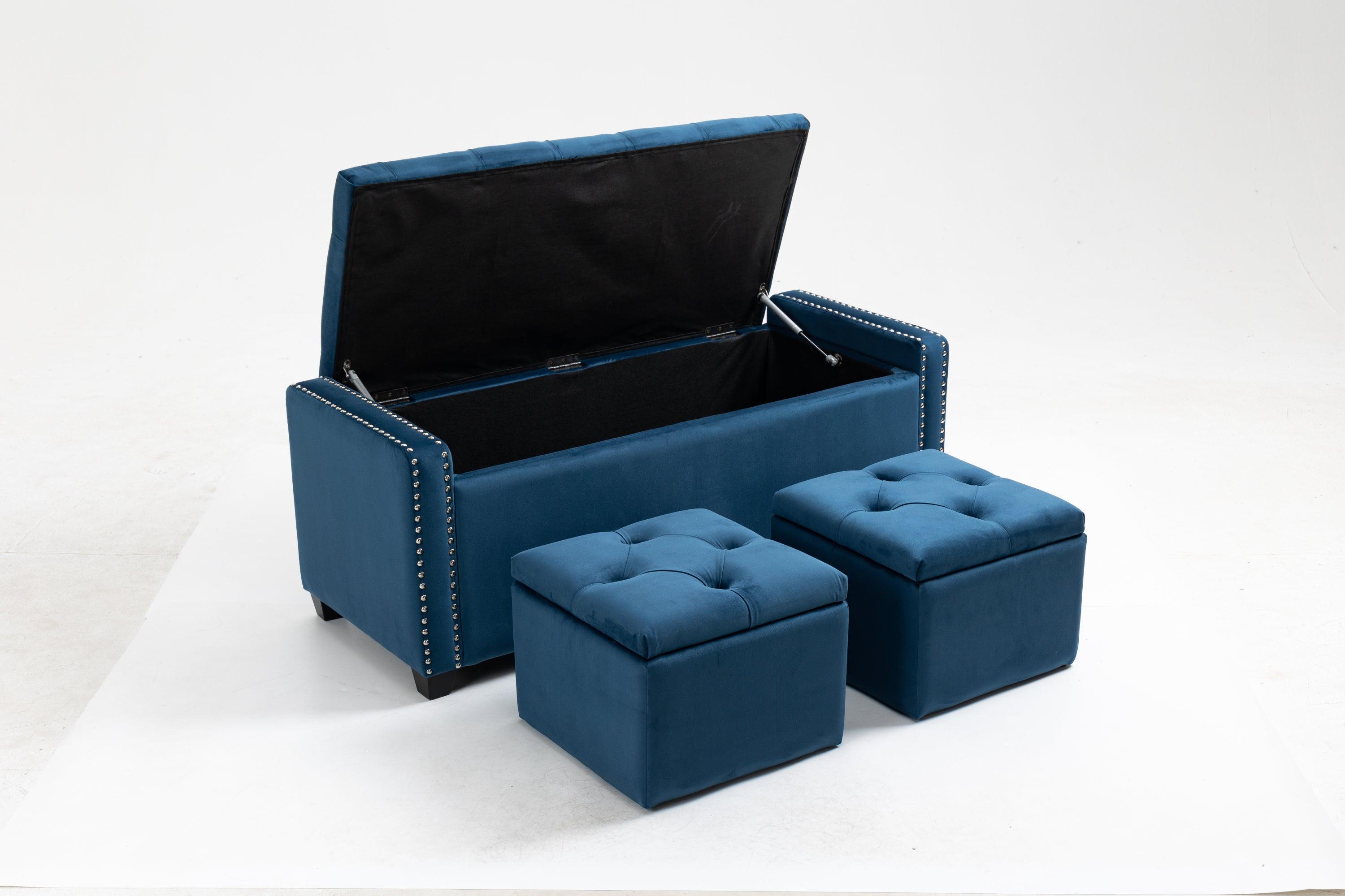 🆓🚛 Set Of 3 - 1 Wide Upholstered Storage Ottoman With 2 Square Smaller Ottomans - Teal
