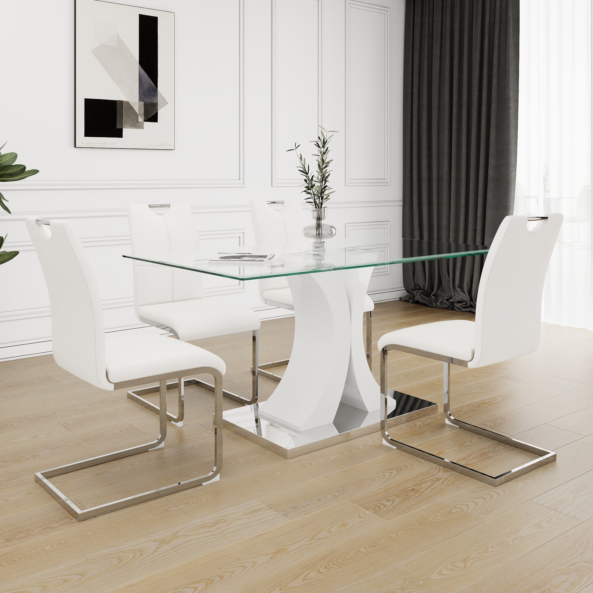 🆓🚛 Modern Table and Chair Set, Modern Style Glass Table, Elegant Transparent Design, Durable Support Base, 5 White Dining Chairs, Electroplated Chair Legs