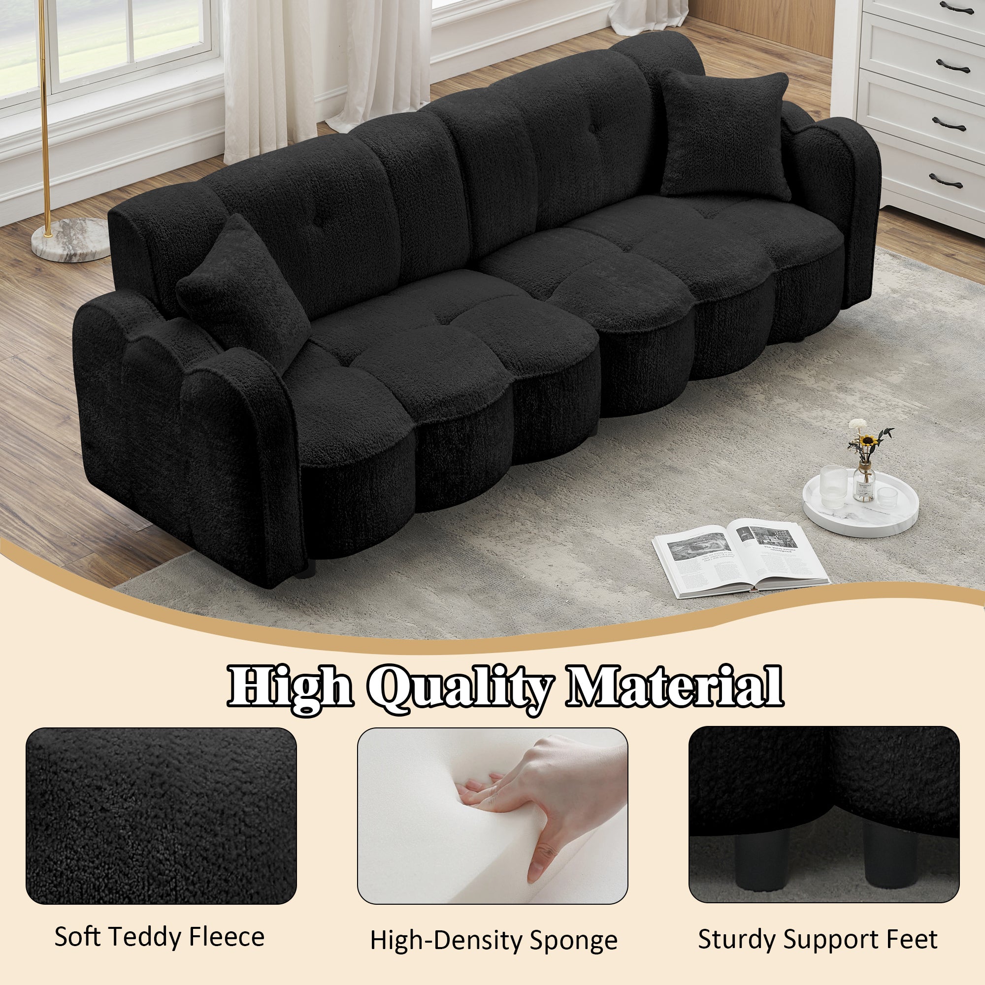 🆓🚛 96.06" Large Teddy Plush Sofa for Living Room and Entertainment Space, Black