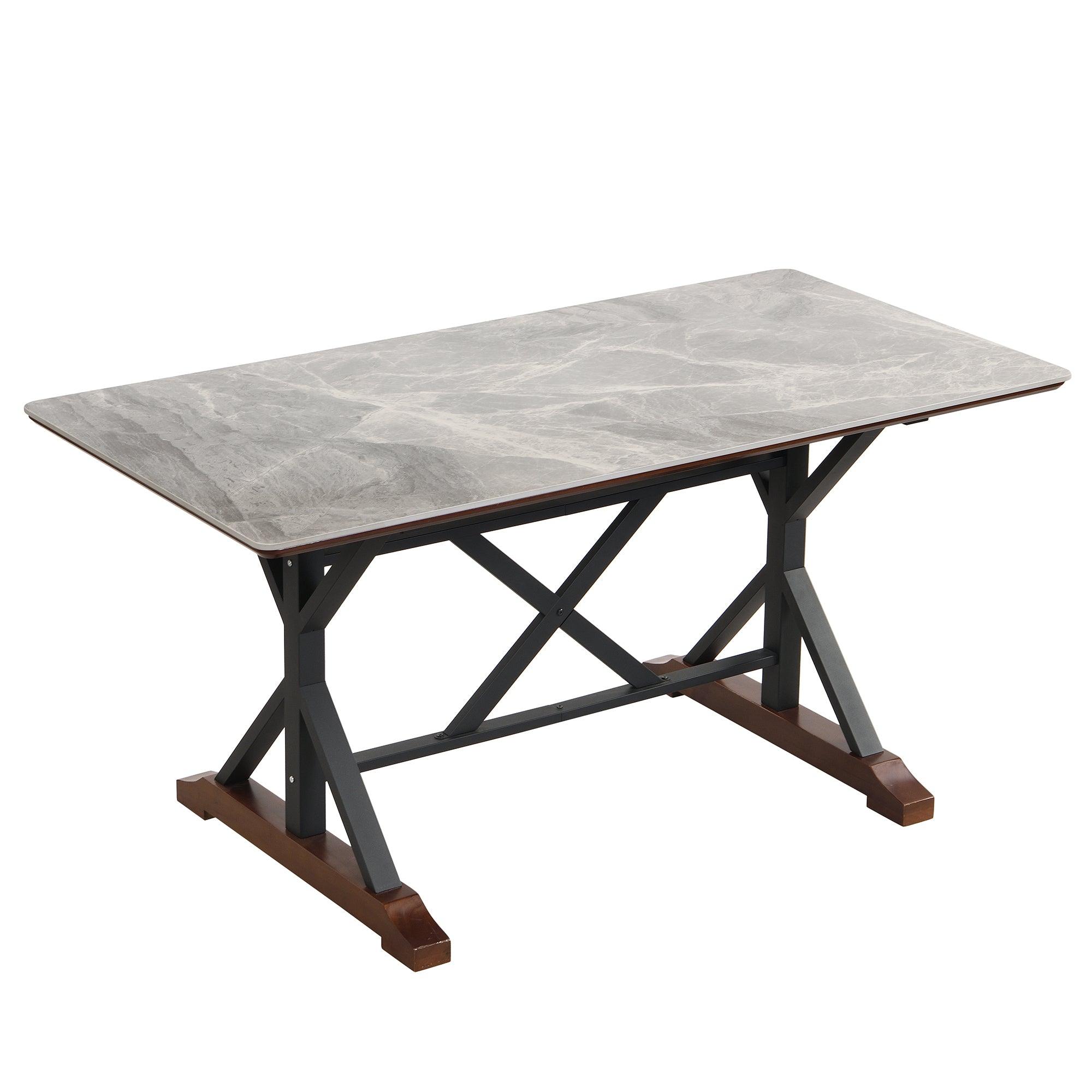 🆓🚛 63" Sintered Stone Faux Marble Dining Room Table With X-Shaped Metal Legs & Solid Wood Base, Scratch & Heat Resistant