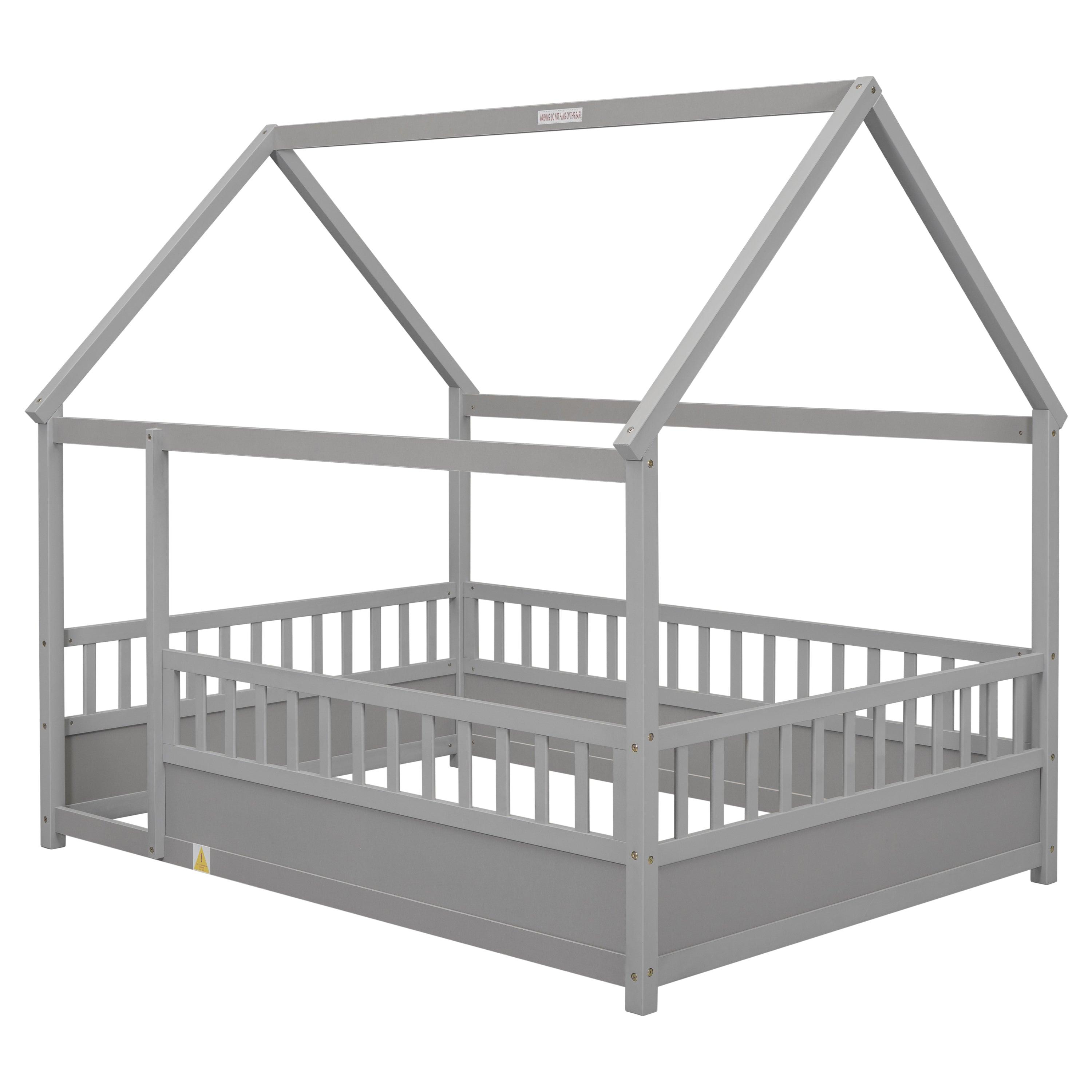 Full Size Floor Wooden Bed with House Roof Frame, Fence Guardrails, Grey