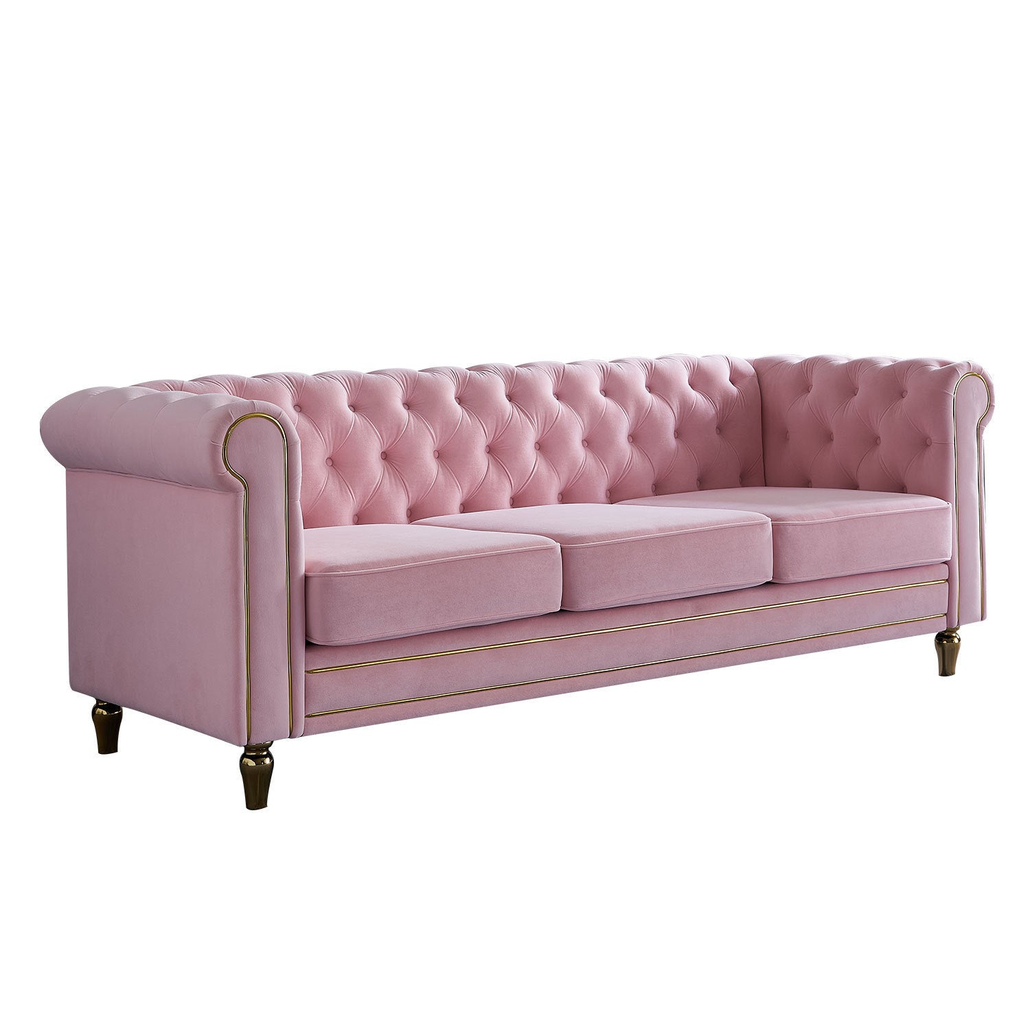 🆓🚛 84.65" Chesterfield Velvet Sofa for Living Room, Pink