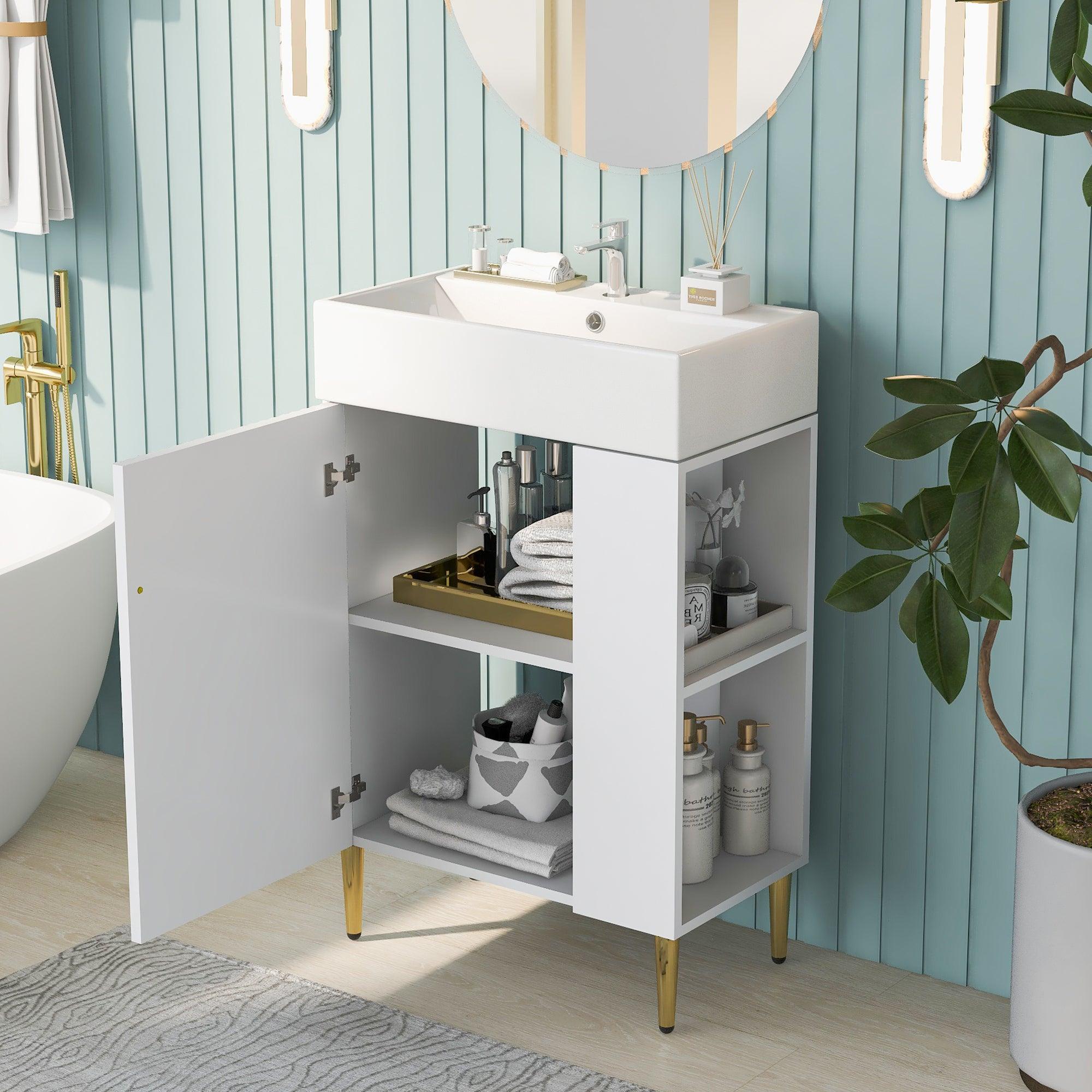 🆓🚛 21.6" White Bathroom Vanity, Combo Cabinet, Bathroom Storage Cabinet, Single Ceramic Sink, Right Side Storage