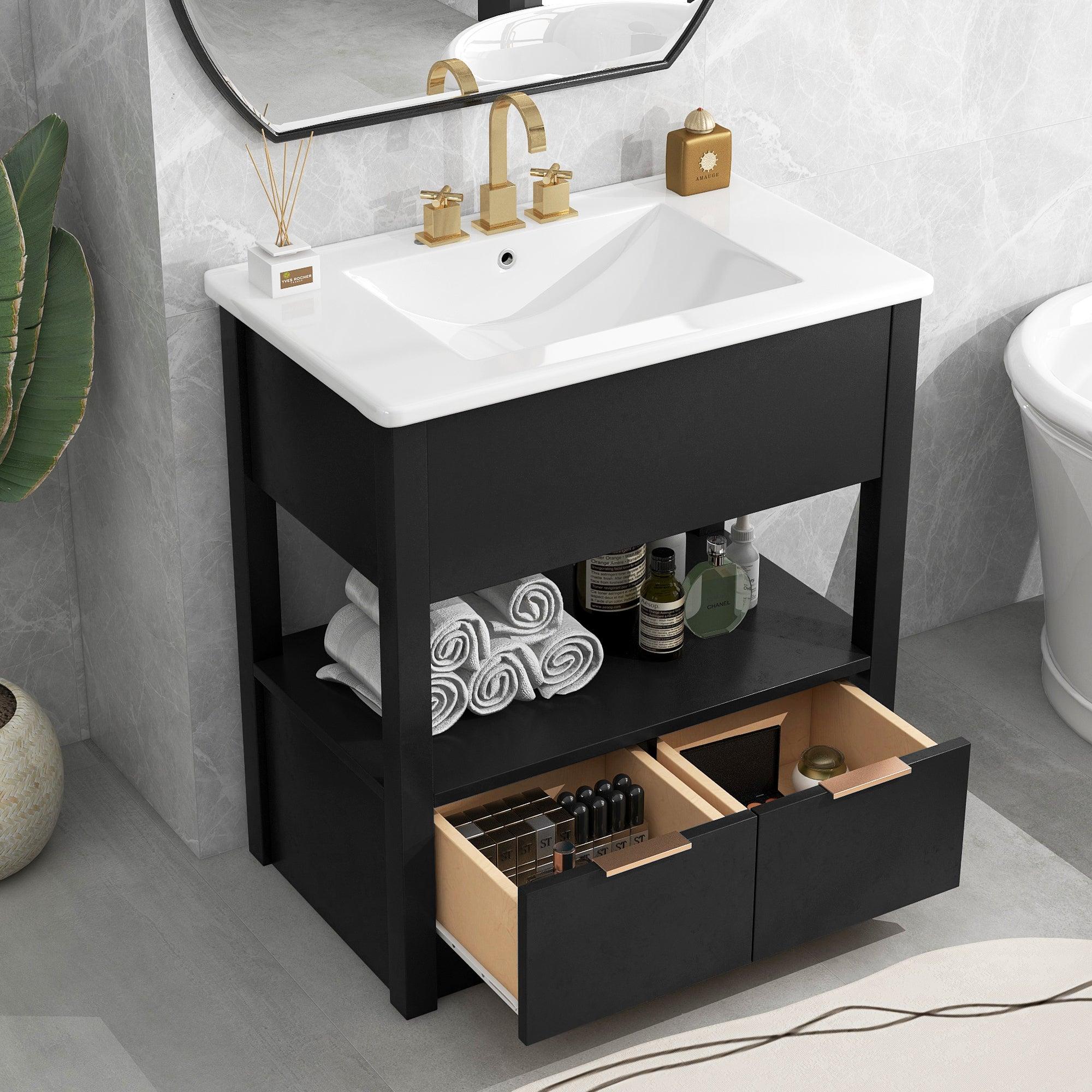🆓🚛 30" Bathroom Vanity With Sink Top, Bathroom Cabinet With Open Storage Shelf & Two Drawers, One Package, Black