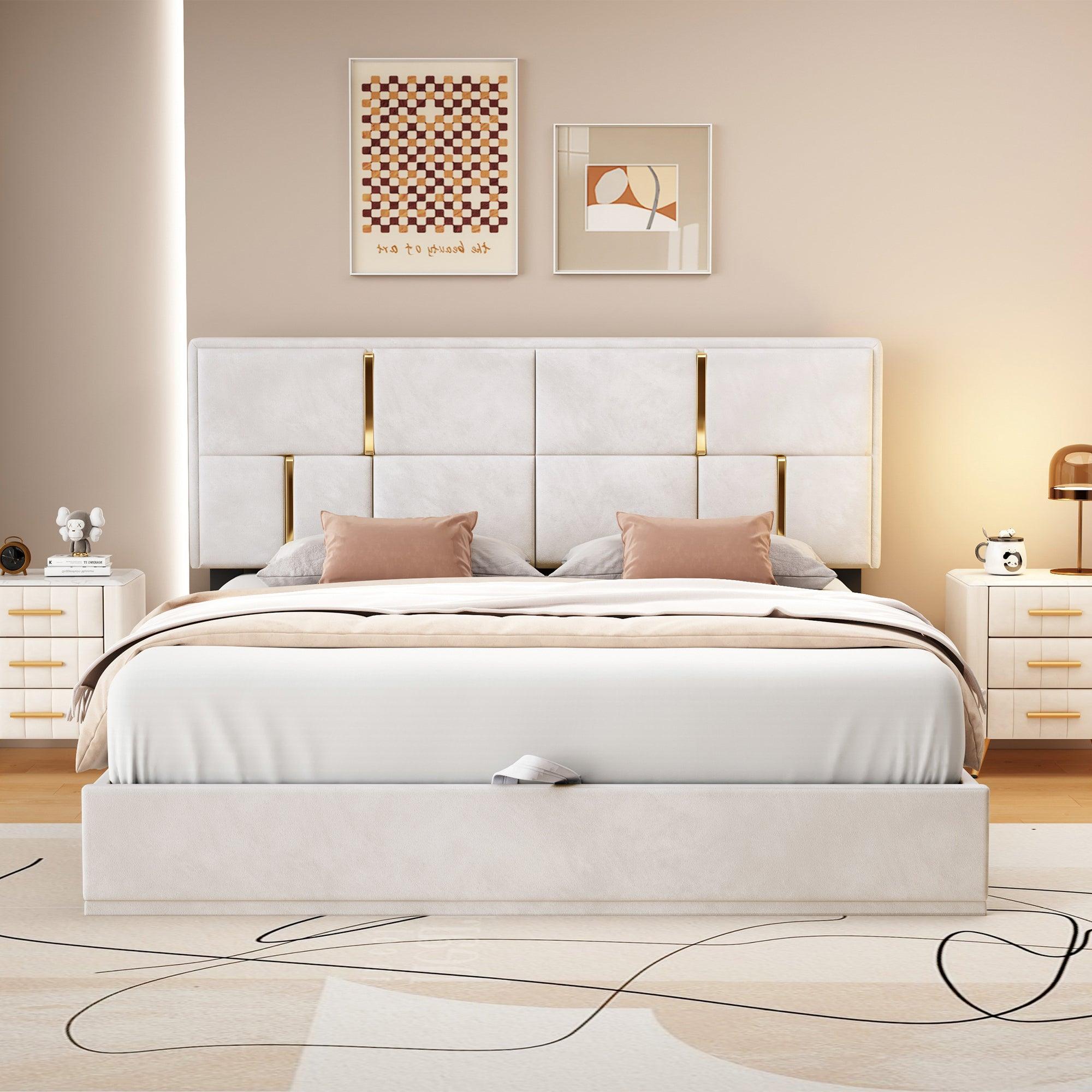 🆓🚛 Queen Size Upholstered Platform Bed With Hydraulic Storage System, No Box Spring Needed, Beige