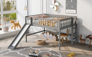 Full Size Low Loft Bed with Ladder and Slide, Gray