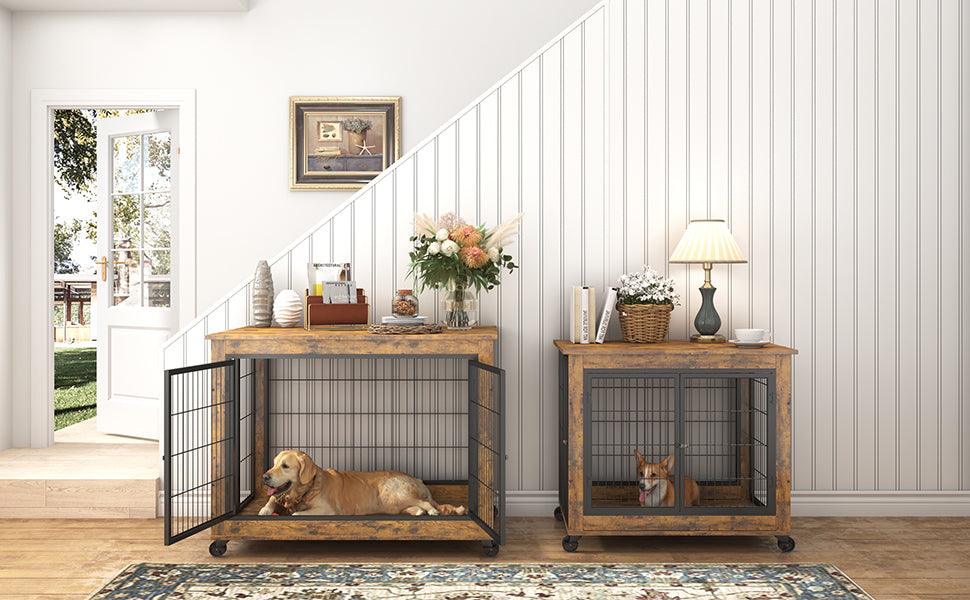 Furniture Dog Cage Crate With Double Doors, Rustic Brown, 38.58'' W X 25.2'' D X 27.17'' H