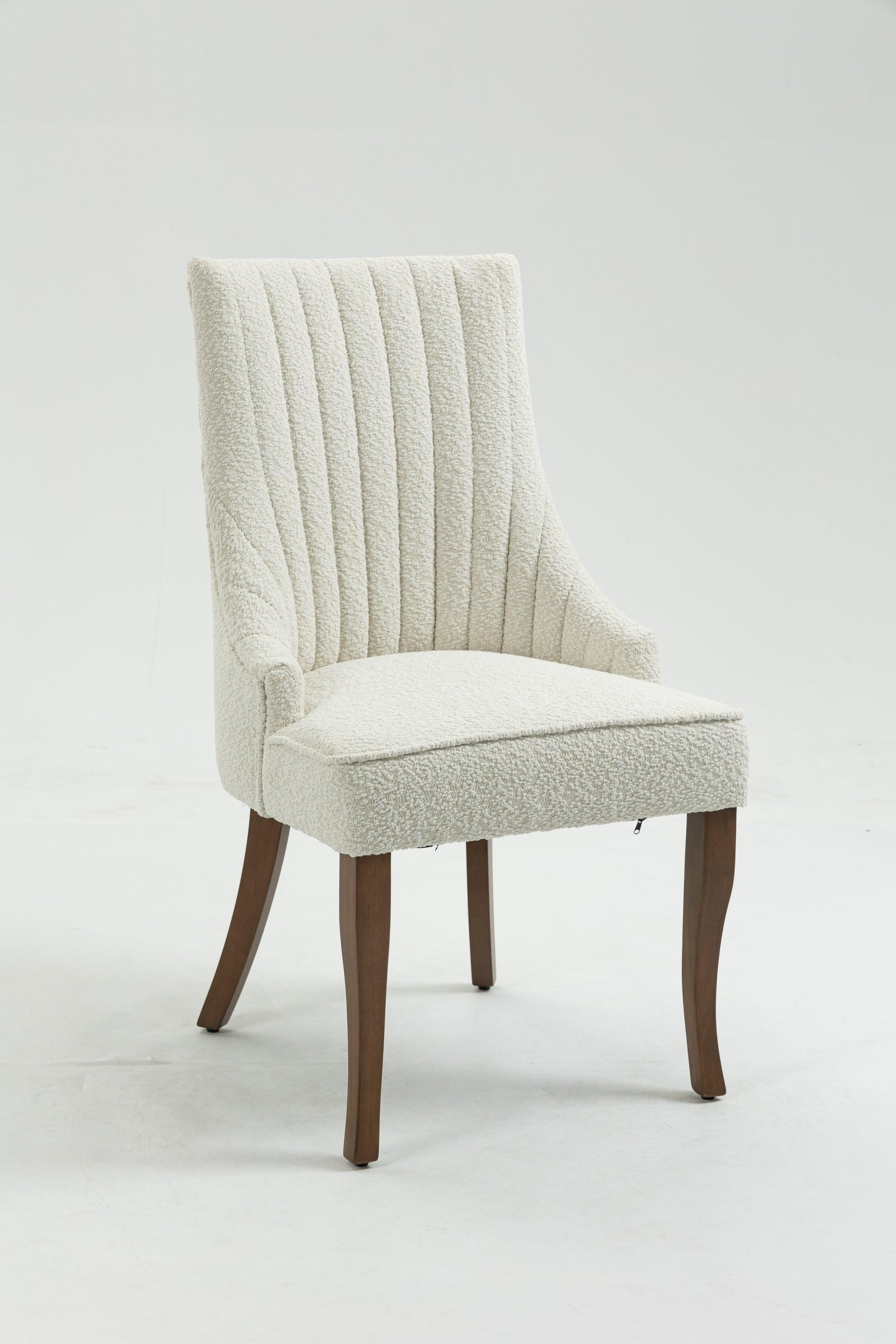 Exquisite White Boucle Upholstered Strip Back Dining Chair with Solid Wood Legs 2 Pcs