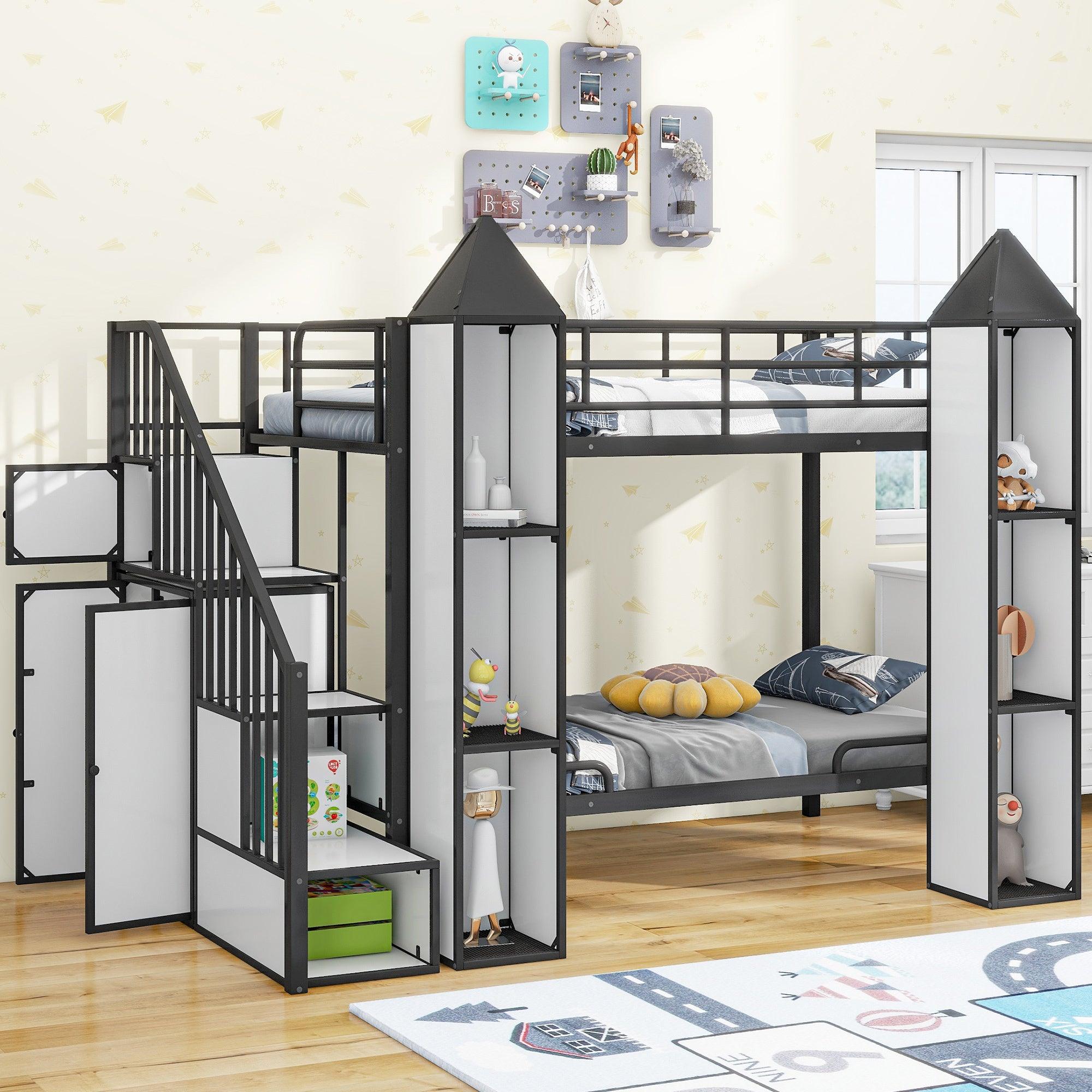 🆓🚛 Metal Twin Over Twin Castle-Shaped Bunk Bed With Wardrobe & Multiple Storage, Black & White