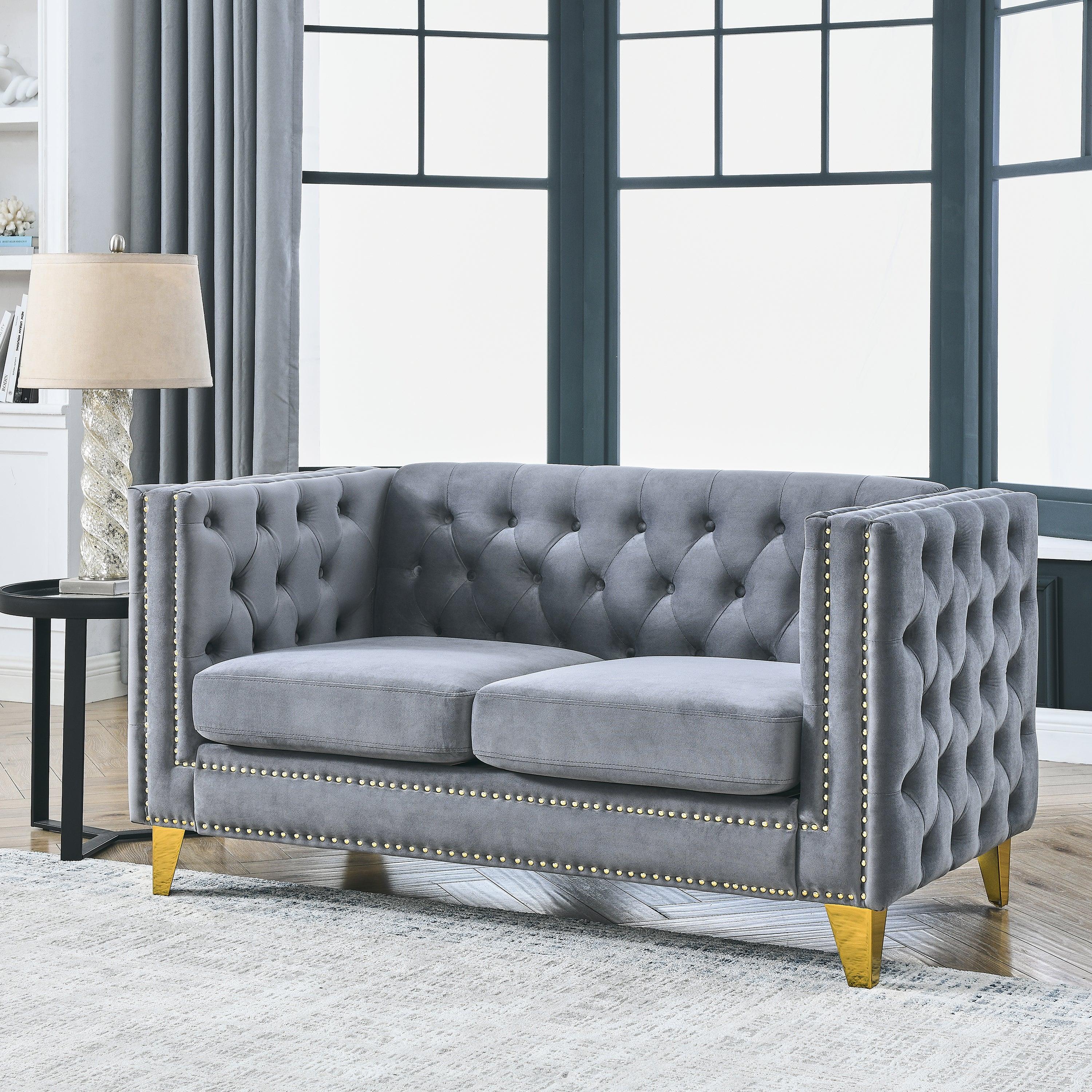 🆓🚛 58" 2 Seater Velvet Sofa for Living Room, Buttons Tufted Square Arm Couch, Modern Couch Upholstered Button & Metal Legs, Sofa Couch for Bedroom, Gray