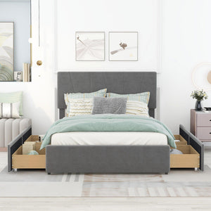 Full Size Upholstery Platform Bed with Four Drawers on Two Sides, Adjustable Headboard, Grey