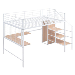 Full Size Metal Loft Bed with Desk and Metal Grid, Stylish Metal Frame Bed with Lateral Storage Ladder and Wardrobe, White