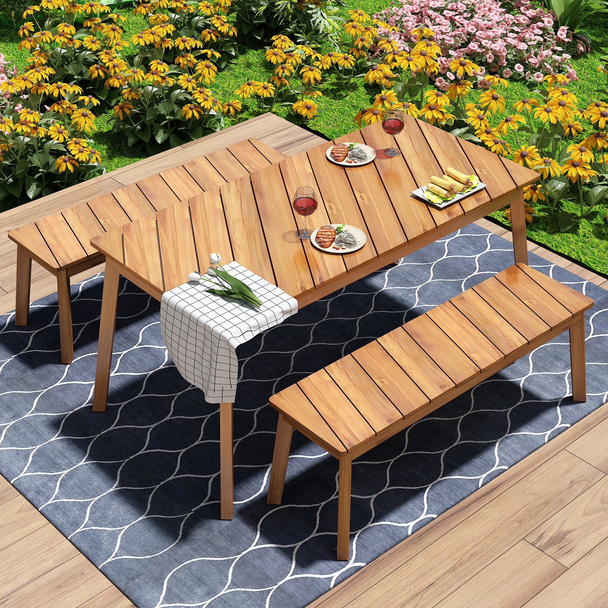🆓🚛 Go 3 Pieces Acacia Wood Table Bench Dining Set for Outdoor & Indoor Furniture With 2 Benches, Picnic Beer Table for Patio, Porch, Garden, Poolside, Natural