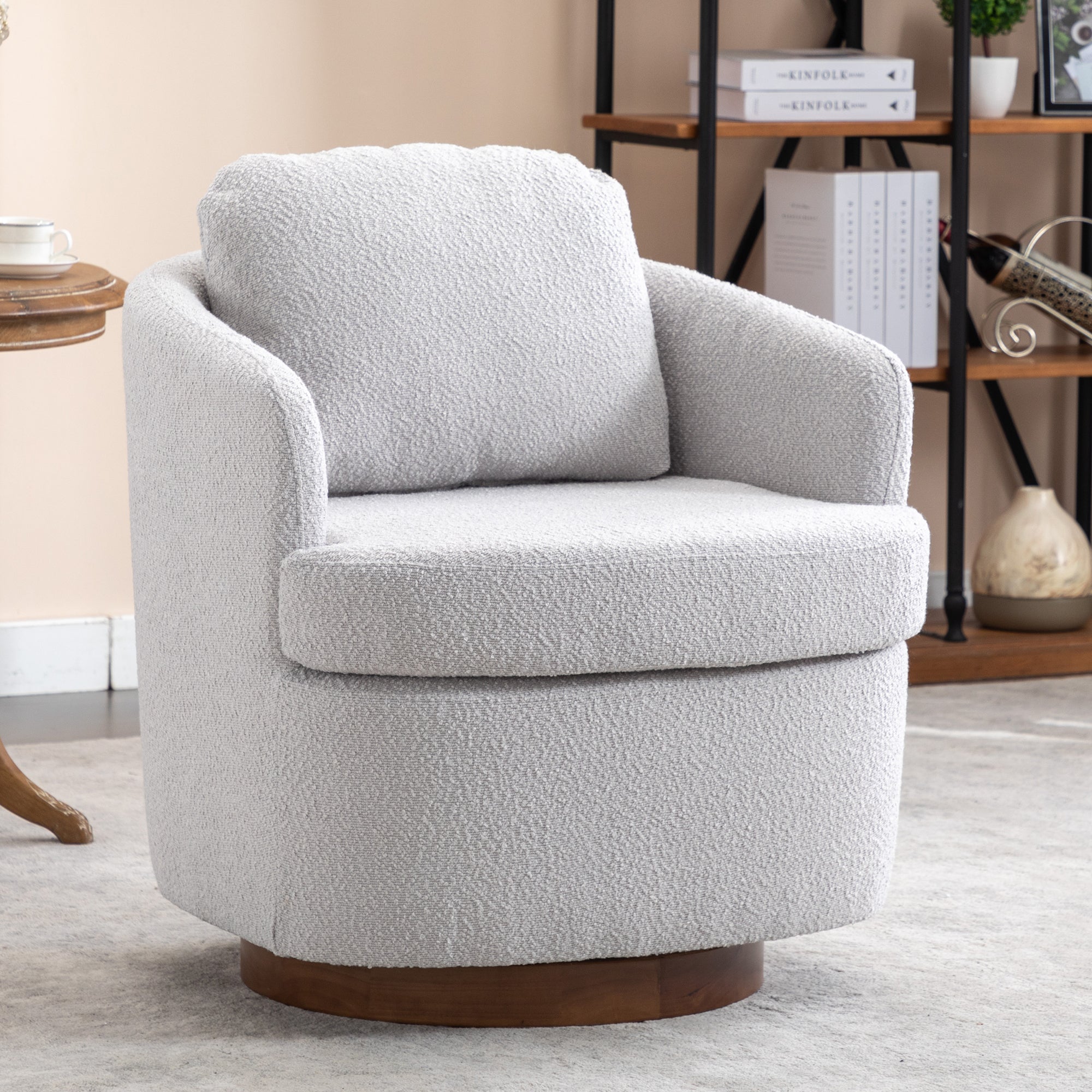 🆓🚛 Boucle Fabric Swivel Accent Chair With Soild Wood Round Brown Base Leg, Light Gray