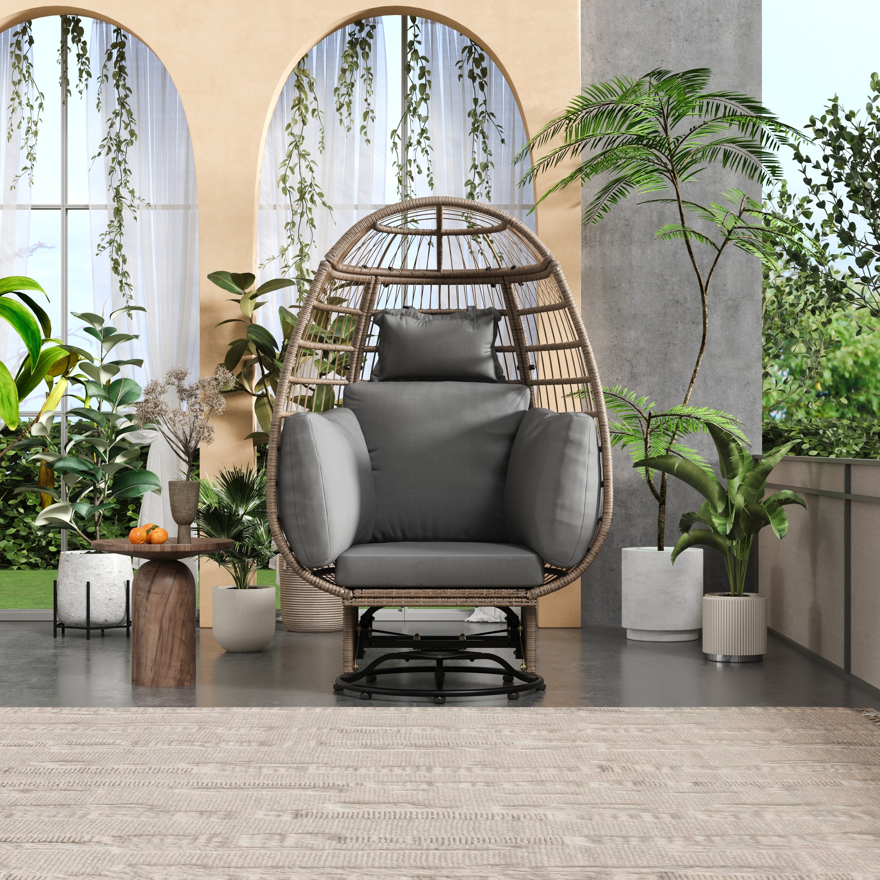 🆓🚛 Outdoor Swivel Chair With Cushions, Rattan Egg Patio Chair With Rocking Function for Balcony, Poolside and Garden, Natural Wicker + Gray Cushion