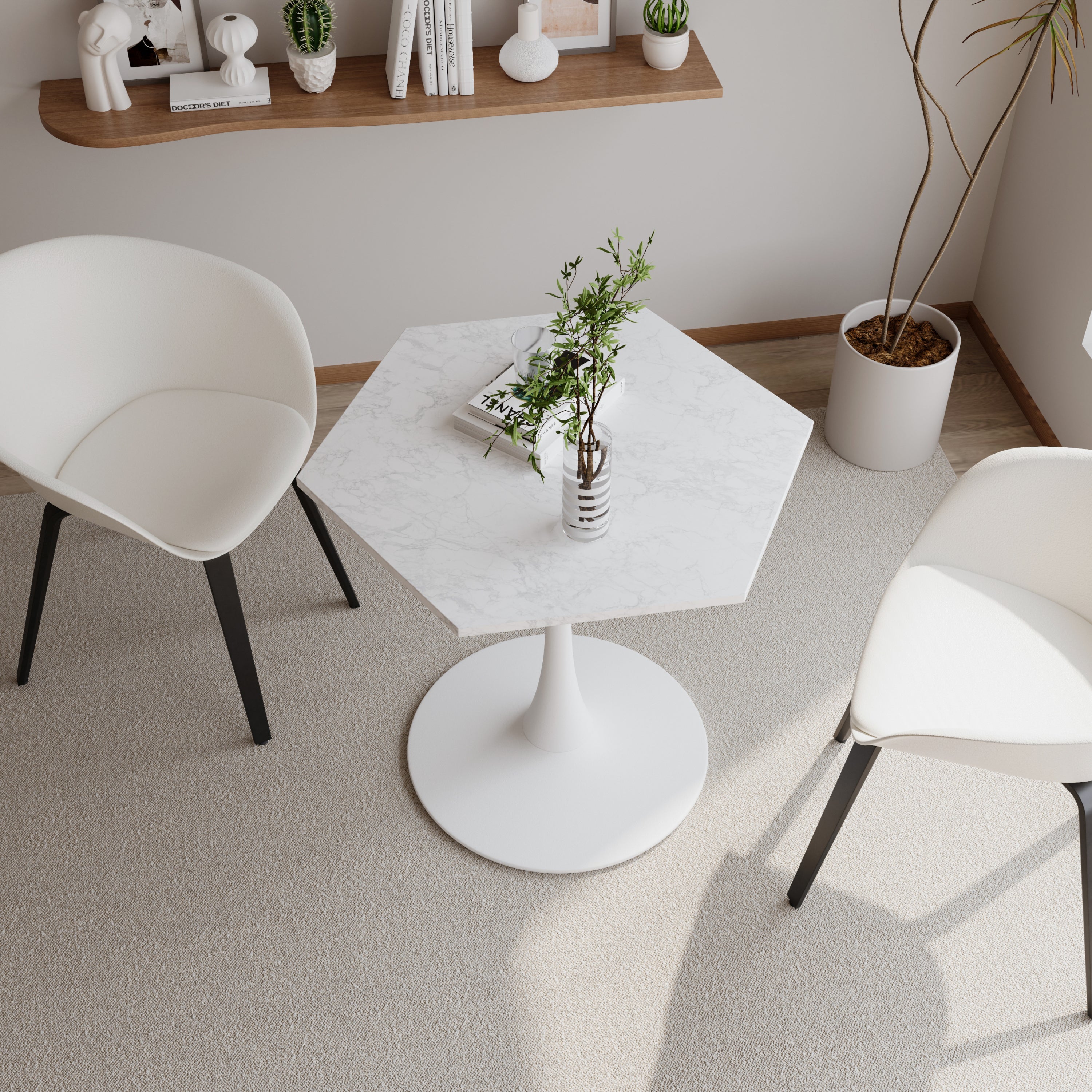 31.50" Modern Hexagonal Coffee Table With White Printed Marble Top and Metal Base for Dining Room, Kitchen and Living Room