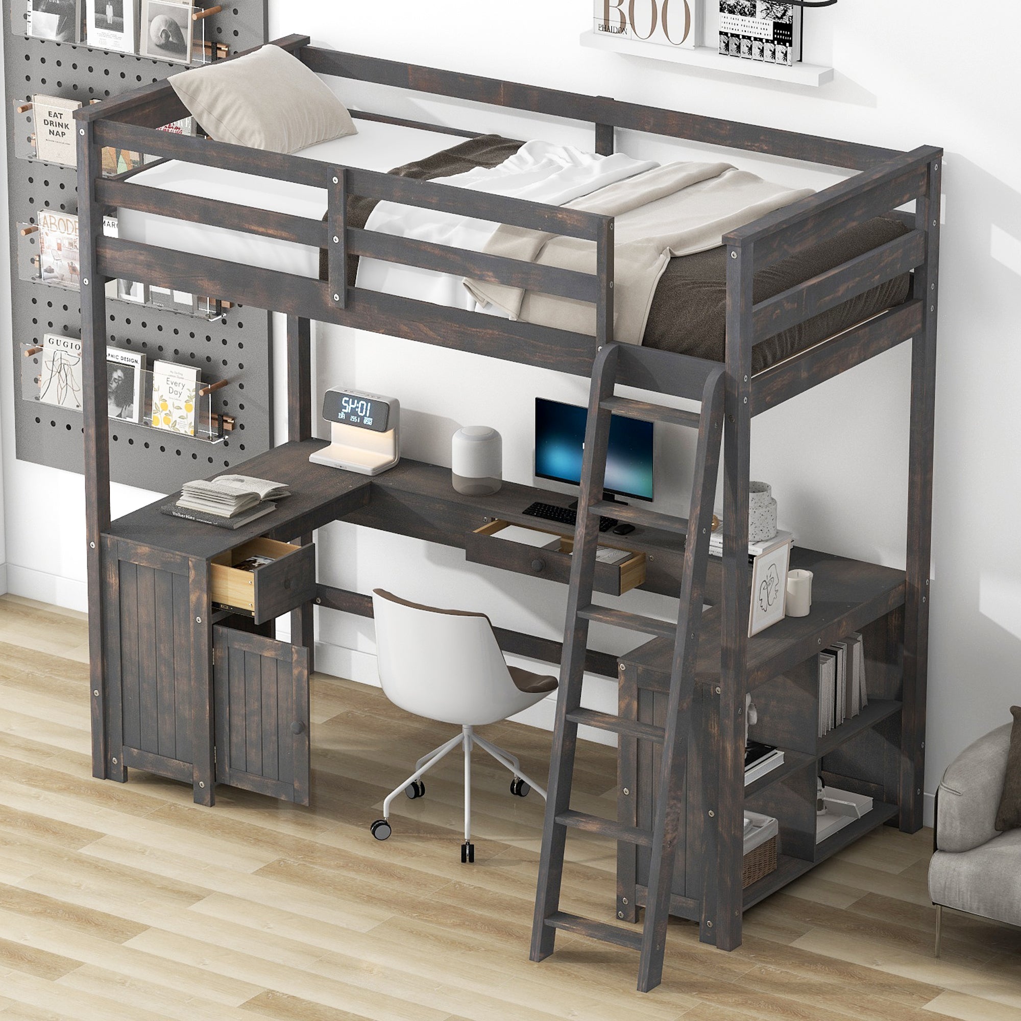 Twin Size Loft Bed with U-shaped Desk, Drawers and Storage Shelves, Antique Brown