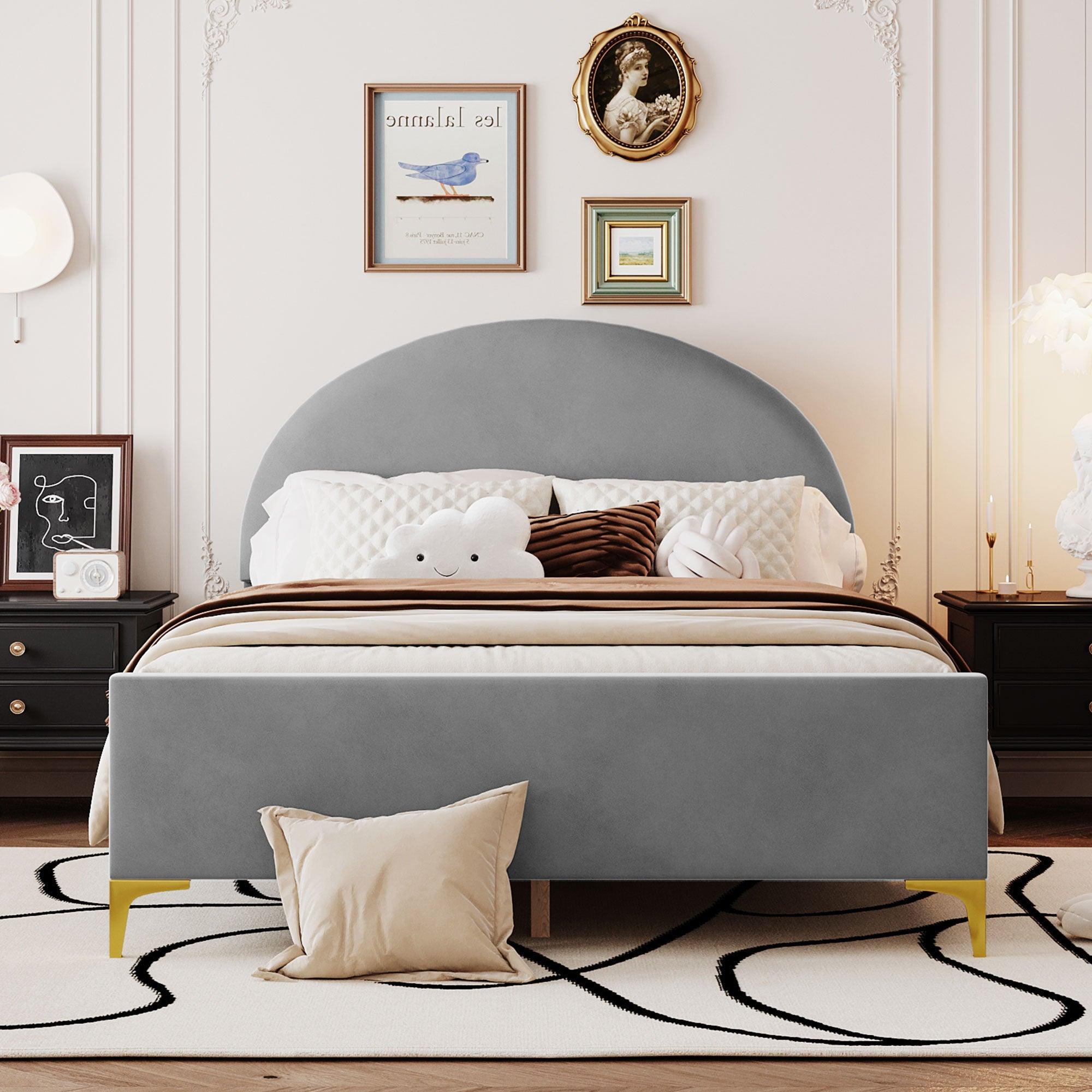 🆓🚛 Full Size Upholstered Platform Bed With Classic Semi-Circle Shaped Headboard & Mental Legs, Velvet, Gray