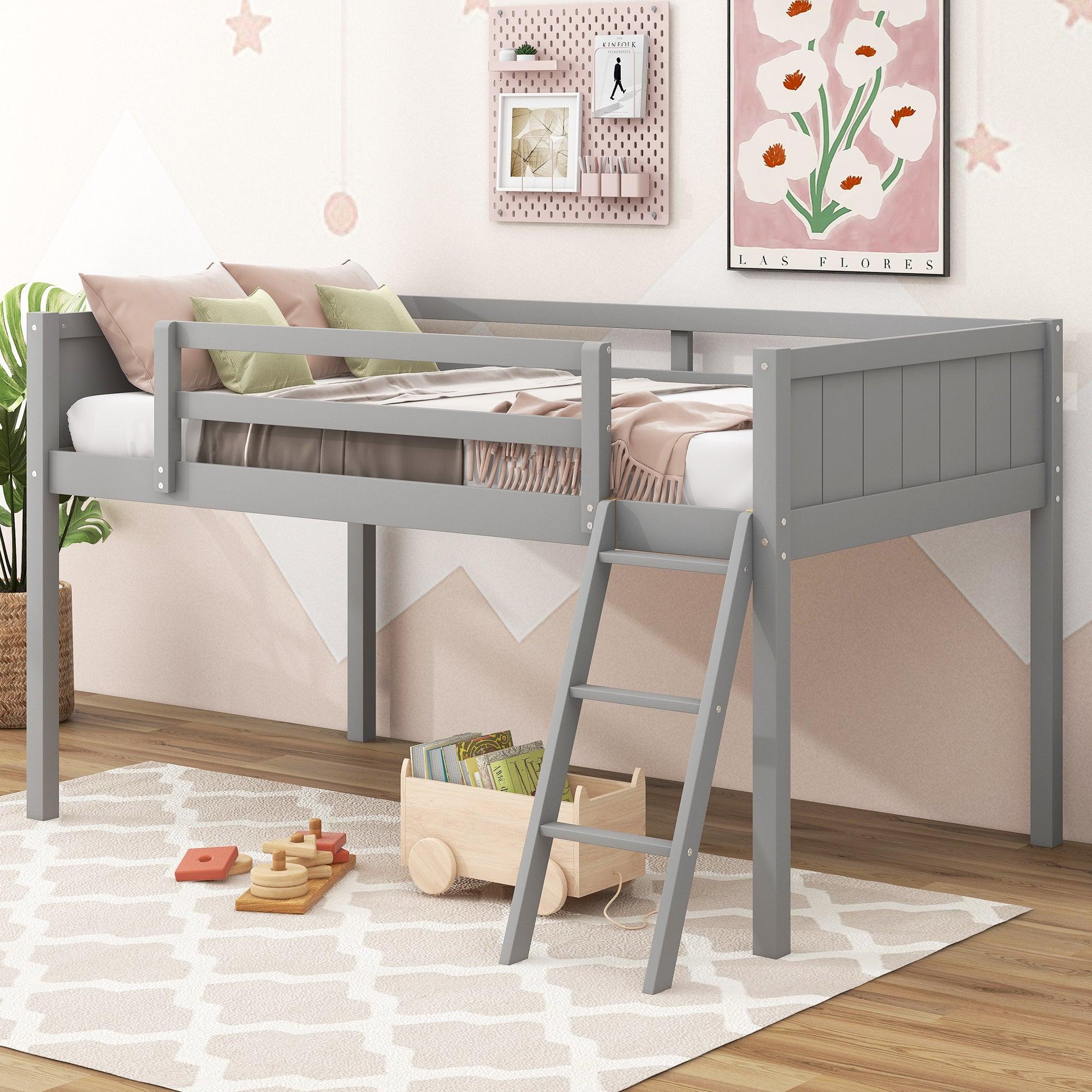 🆓🚛 Twin Size Wood Loft Bed With Ladder, Ladder Can Be Placed On The Left Or Right, Gray