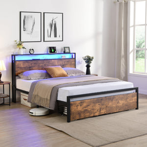 Full Size Bed Frame with Storage Headboard and 2 Drawers, LED Lights Bed with Charging Station, Metal Platform Bed No Noise