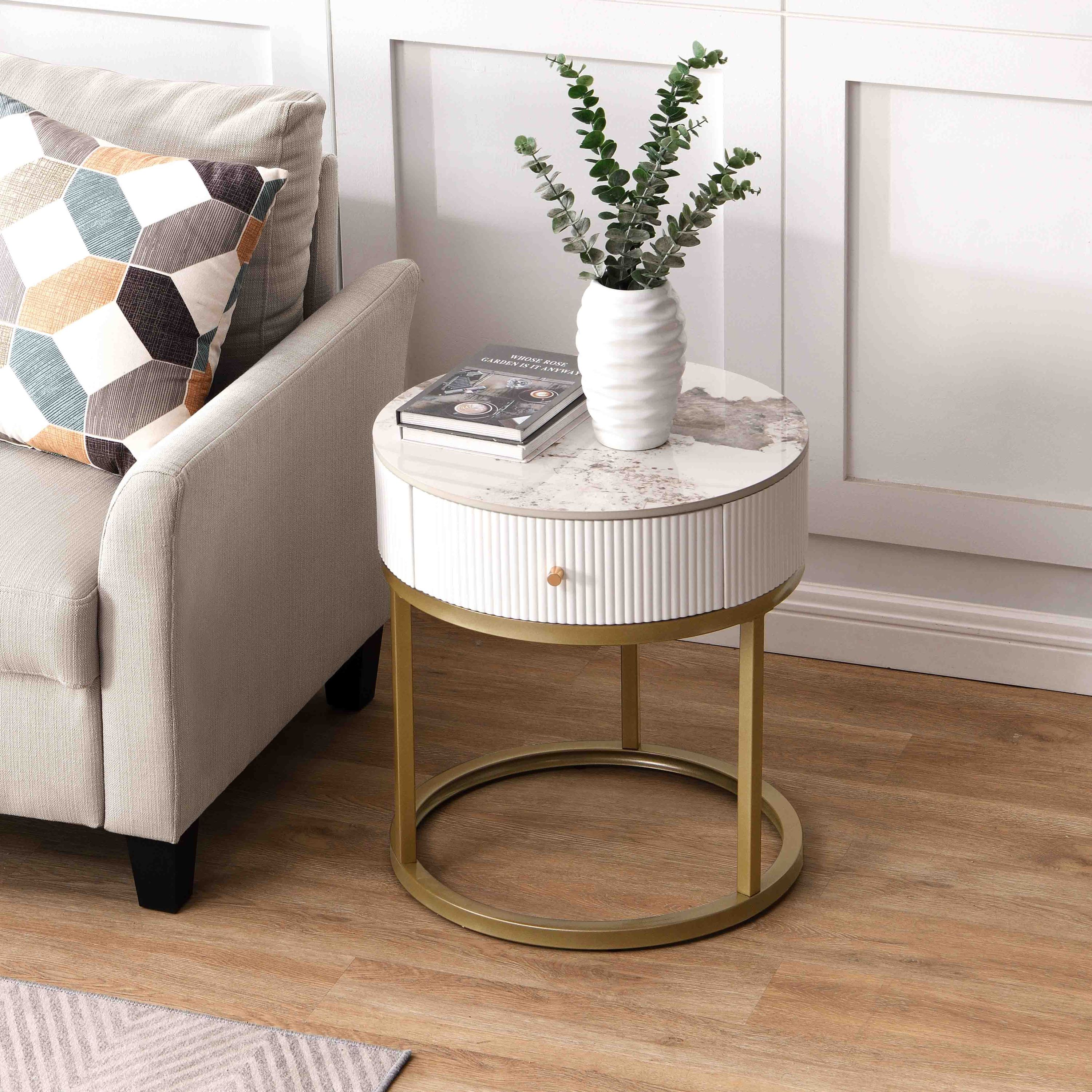 19.68 Inch Modern Nightstand With Drawer, Marble Round End Table With Storage, Side Table for Living Room & Bedroom