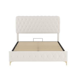 Full Platform Bed Frame With pneumatic hydraulic function, Velvet Upholstered Bed with Deep Tufted Buttons, Lift up storage bed With Hidden Underbed Oversized Storage, BEIGE