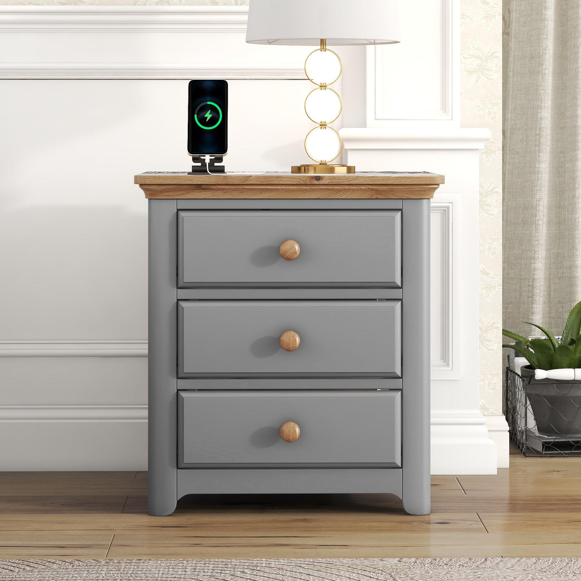 🆓🚛 Wooden Nightstand With Usb Charging Ports & Three Drawers, End Table for Bedroom, Gray+Natrual