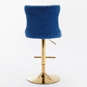 Golden Swivel Velvet Barstools Adjusatble Seat Height From 25-33 Inch, Modern Upholstered Bar Stools With Backs Comfortable Tufted For Home Pub And Kitchen Island, Blue, Set Of 2